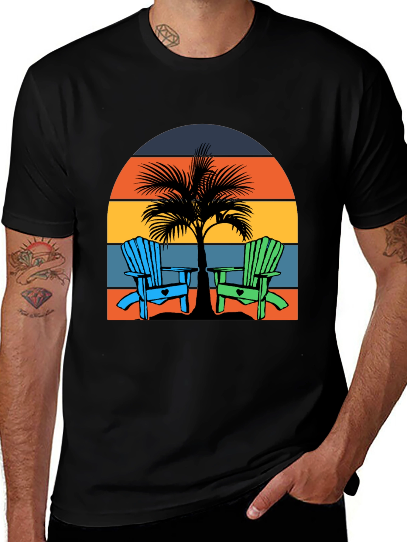 Black Beach Chair Palm Tree Graphic Tee - Coastal Vibes! main image