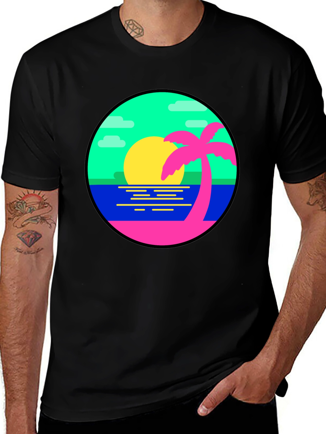 Variant 30 of Retro Sunset Palm Tree Graphic Tee - Black
