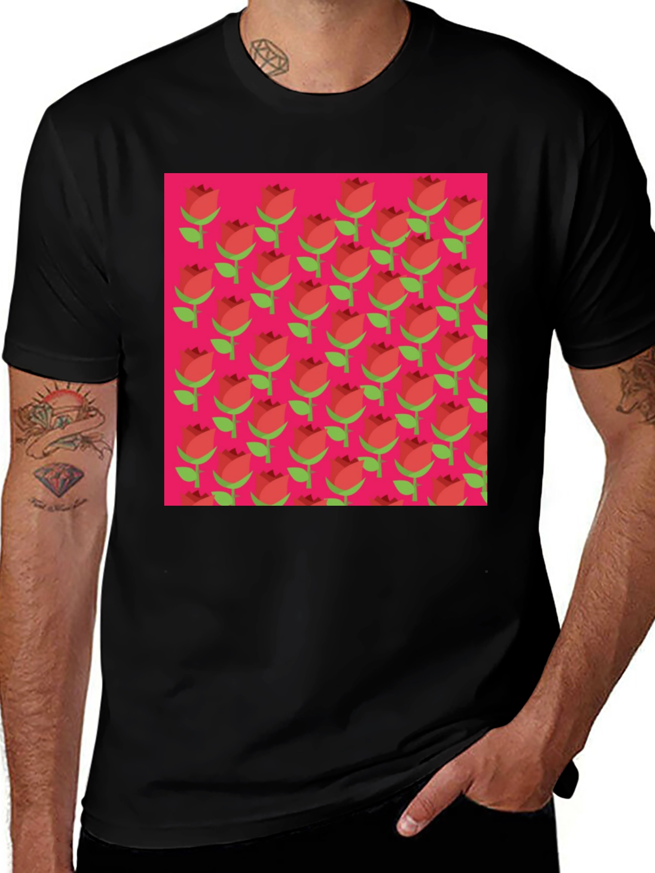 Variant 15 of Retro Rose Pattern Tee - Black