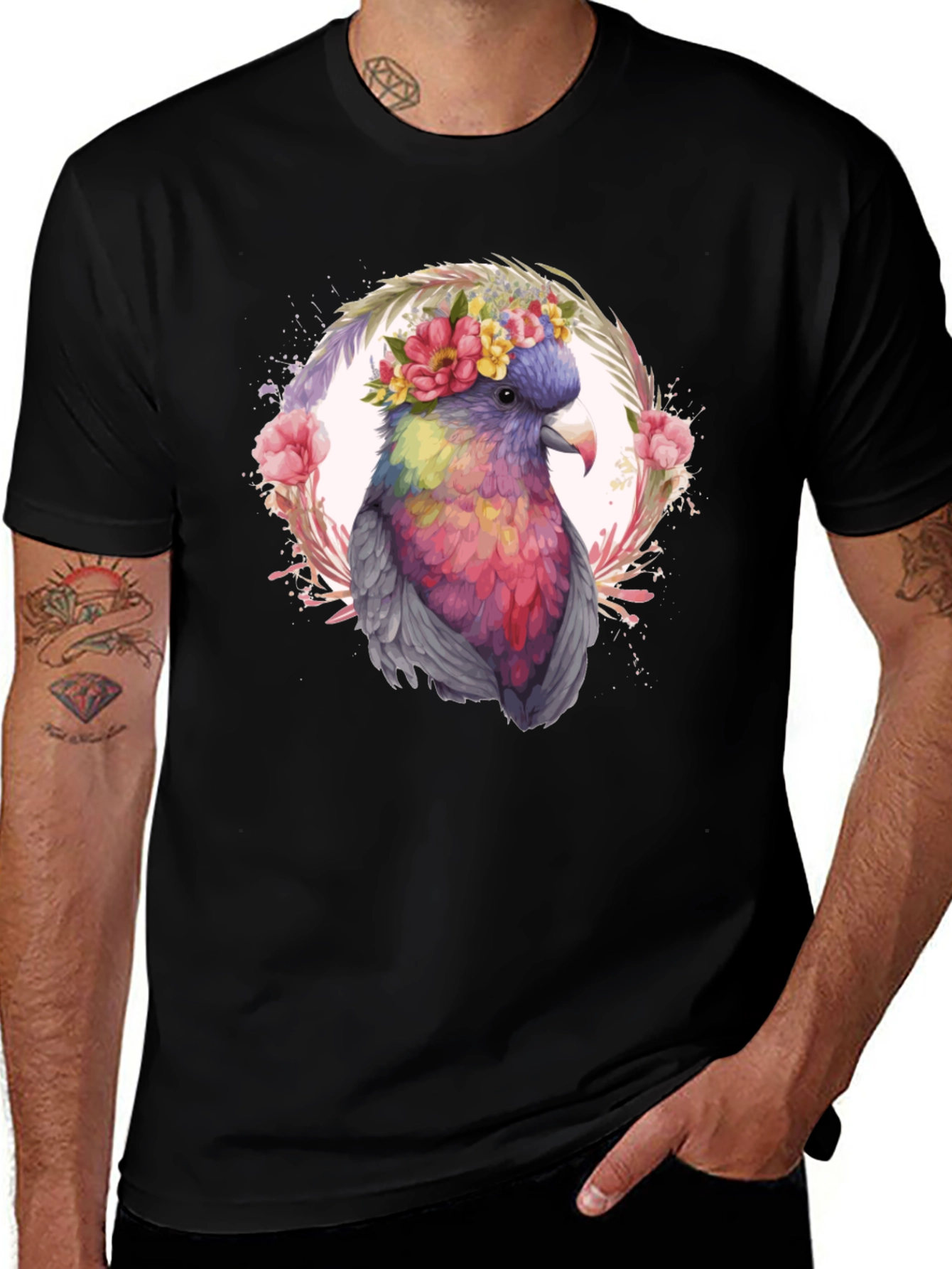 Variant 13 of Floral Crown Parrot Graphic Tee - Stylish Men's Black T-Shirt