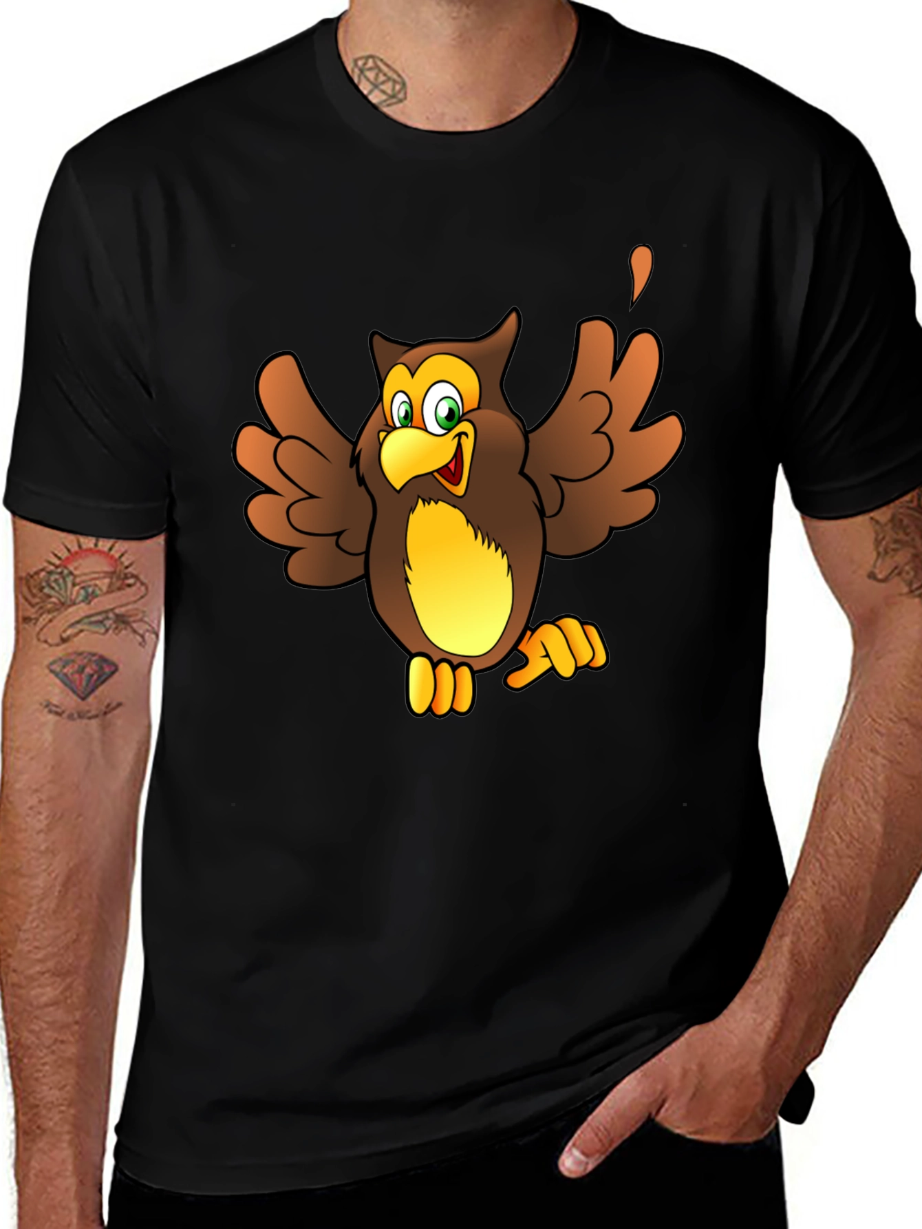 Variant 25 of Owl Cartoon Print Black T-Shirt
