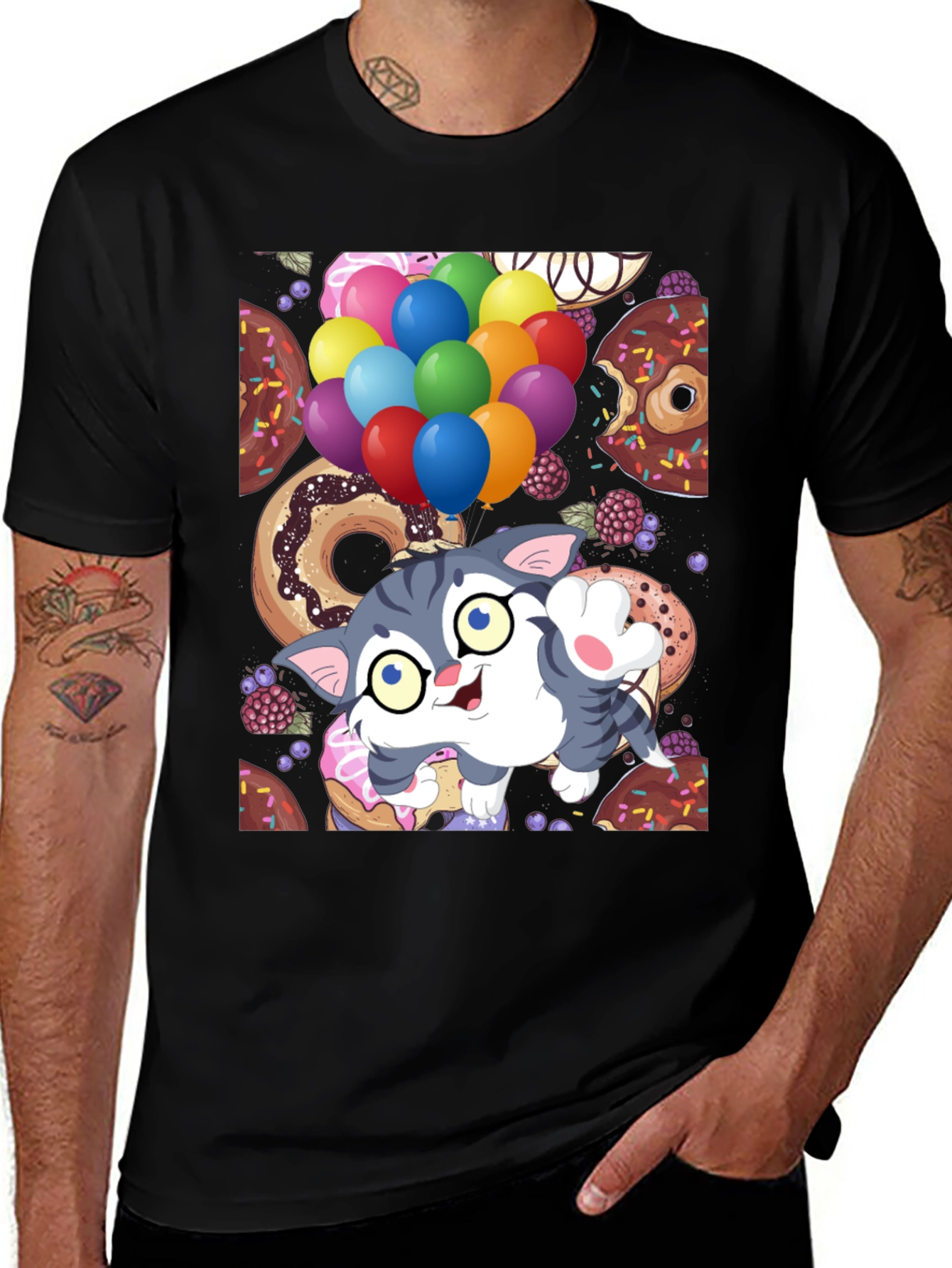 Variant 8 of Cute Cartoon Cat with Balloons and Donuts T-Shirt
