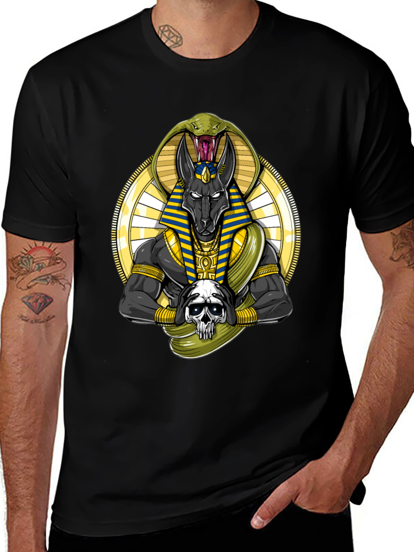 Anubis Snake Skull Graphic Black T-Shirt