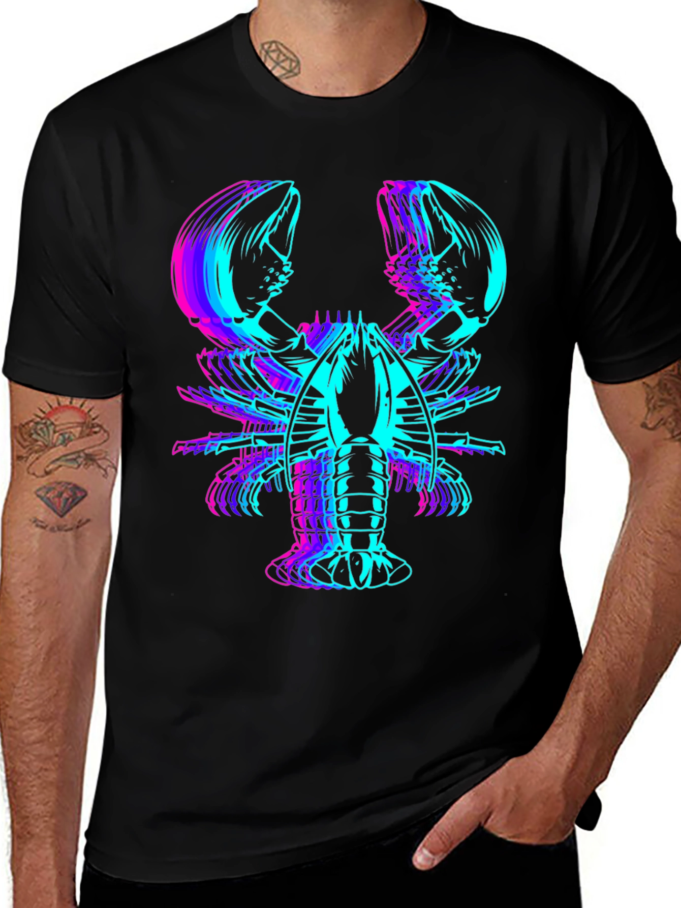 Variant 6 of Vaporwave Lobster Graphic Tee - Black Cotton Blend
