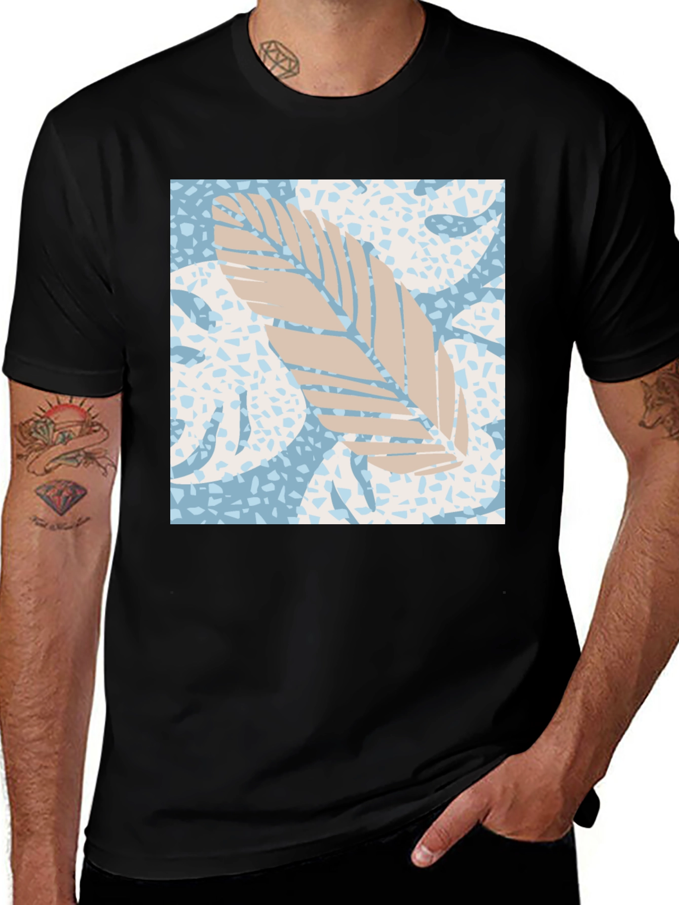 Tropical Leaf Print Black Tee