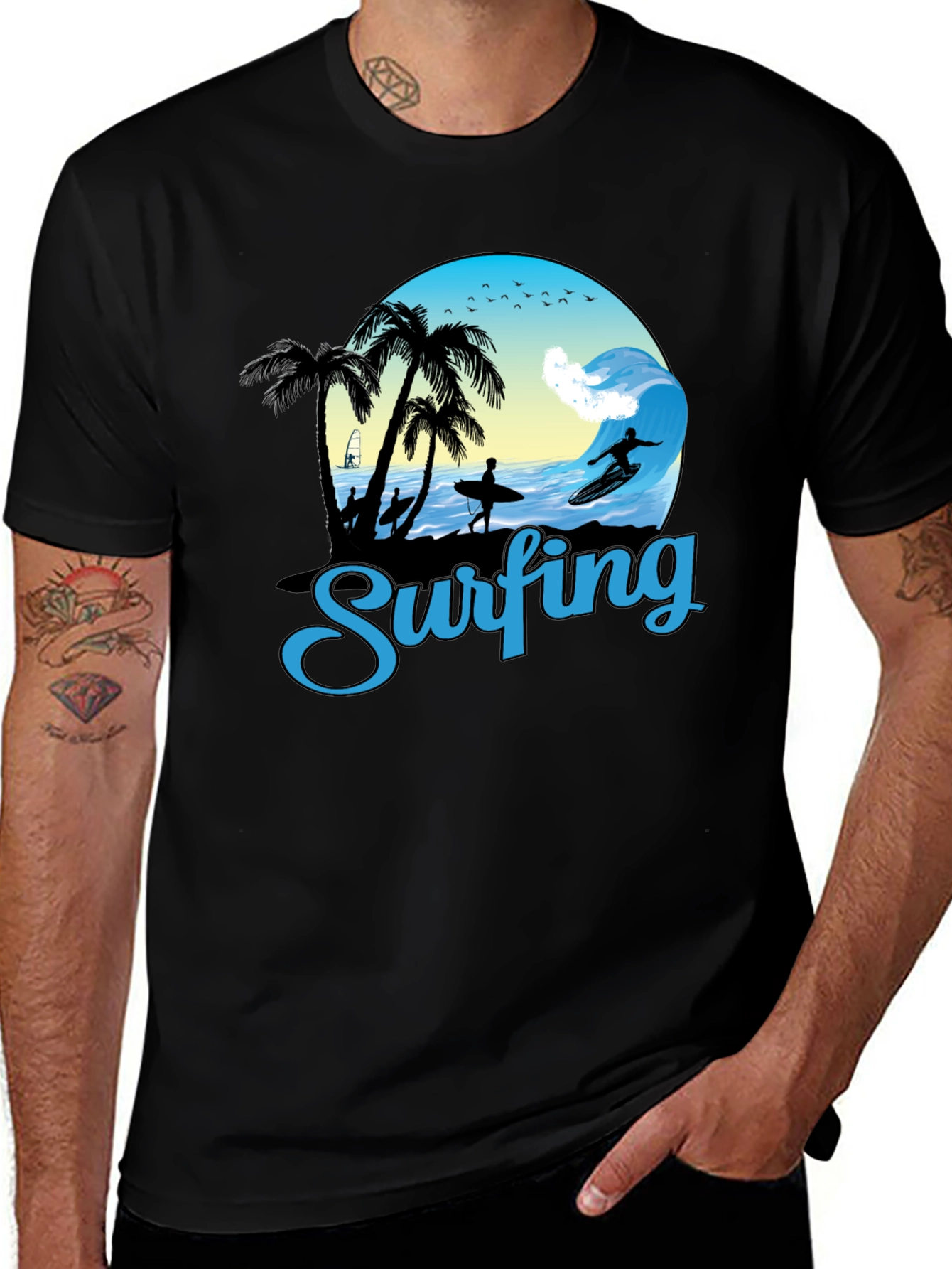 Variant 9 of Surfing Graphic T-Shirt - Black Cotton Tee