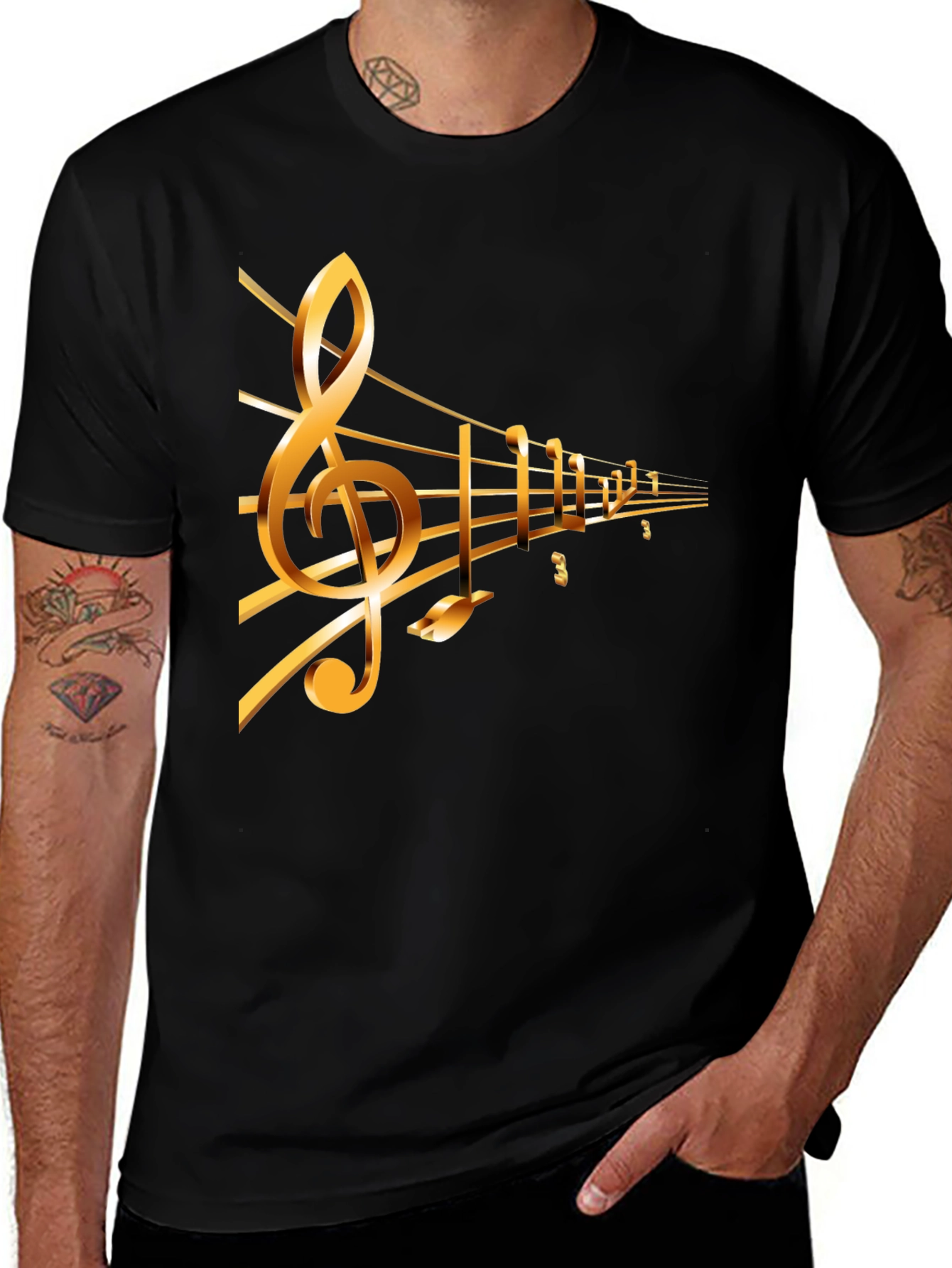 Variant 13 of Golden Music Note Graphic Black T-Shirt
