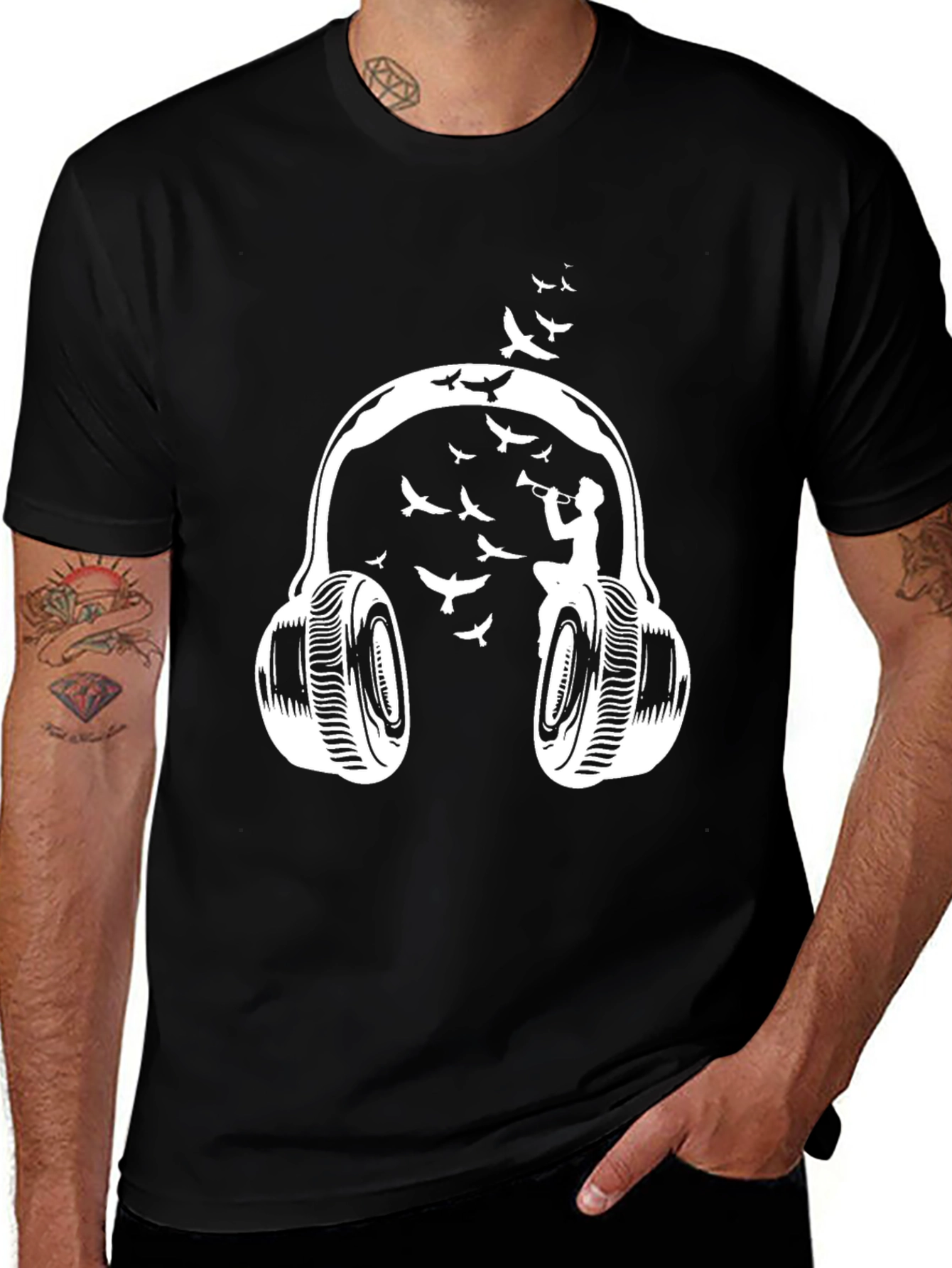 Variant 30 of Music Inspired Graphic Tee - Headphones, Trumpet, Birds - Black