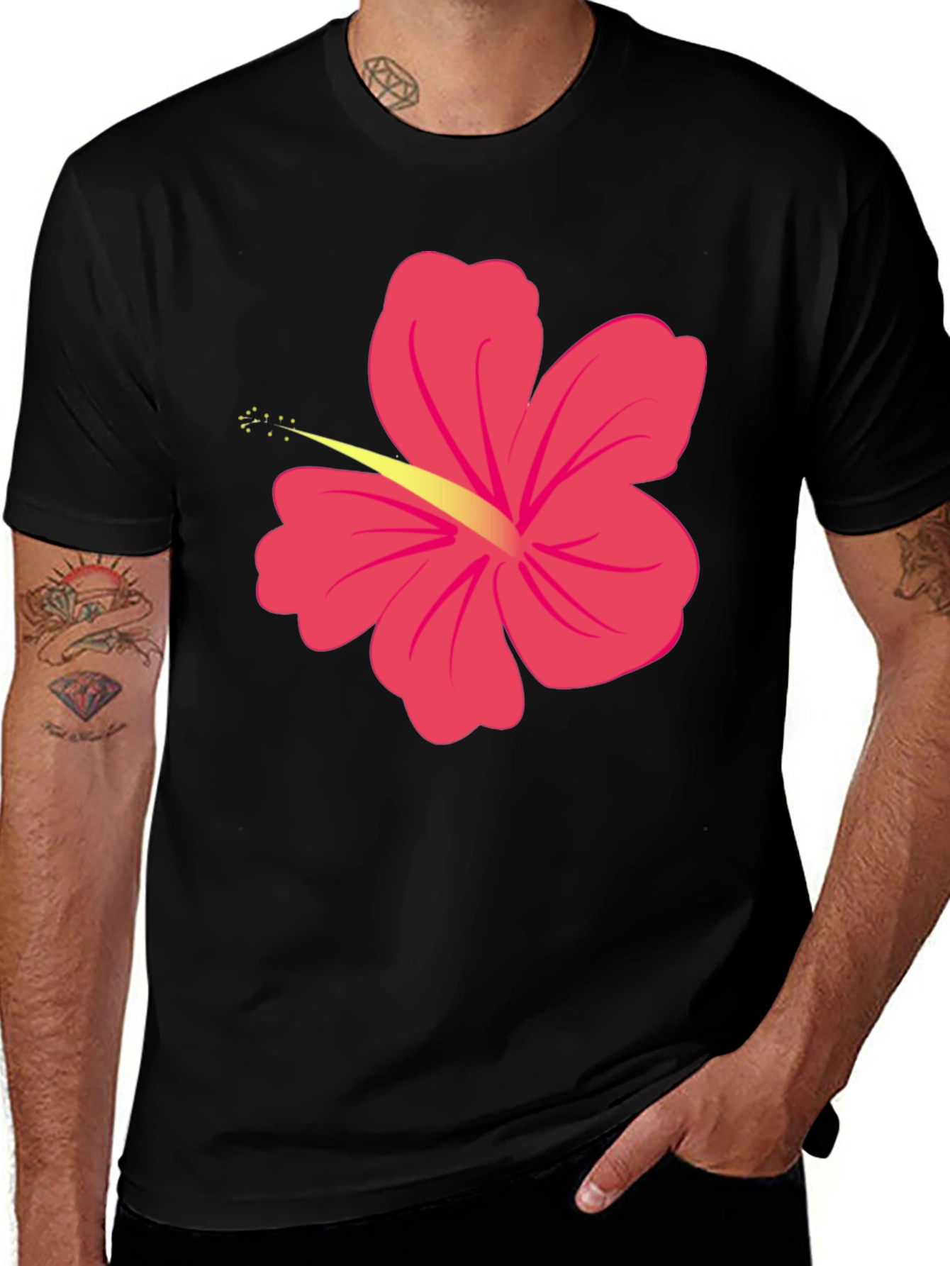 Variant 30 of Black T-Shirt with Pink Hibiscus Flower Graphic