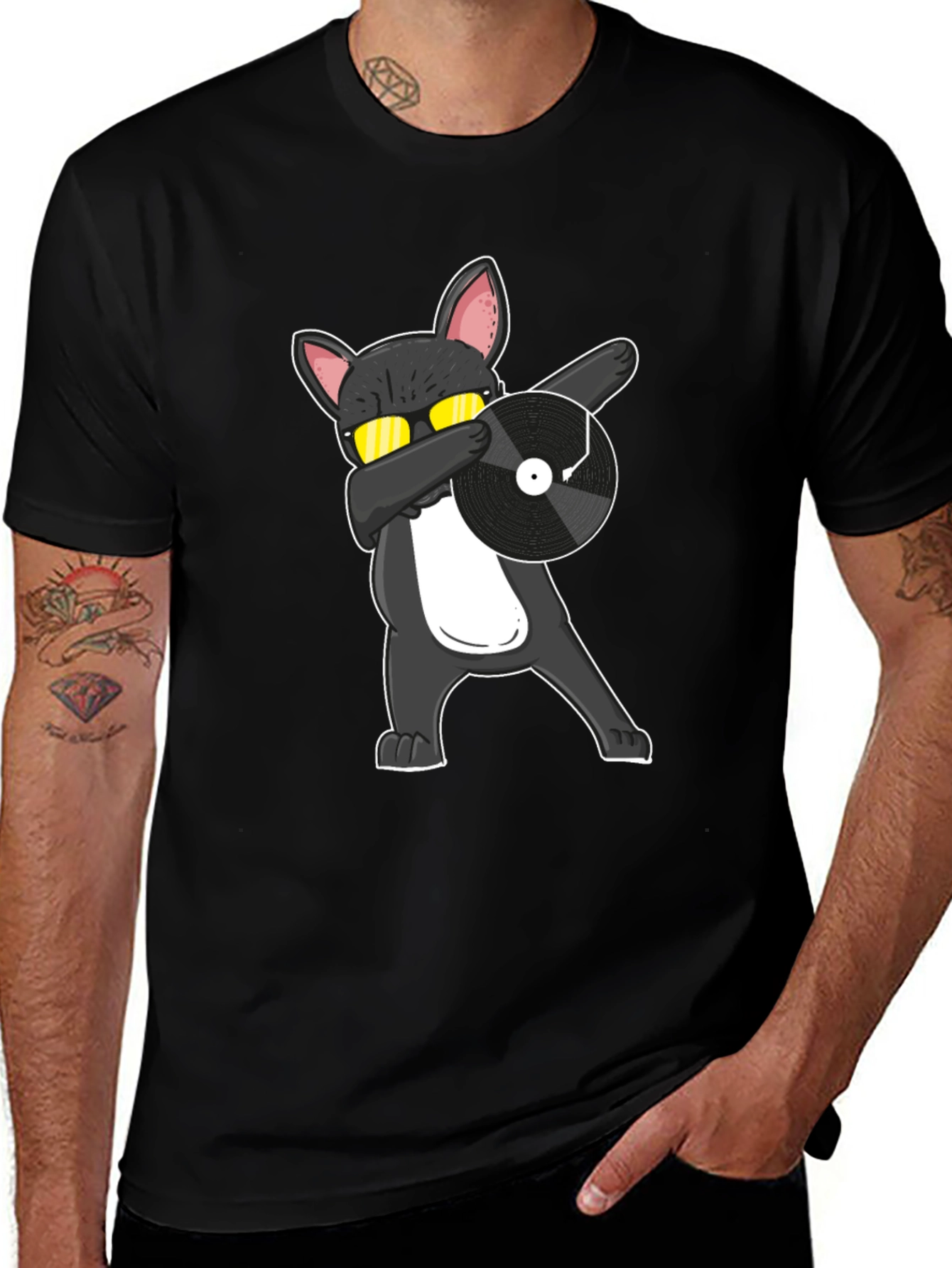 Variant 6 of Dabbing Cat DJ T-Shirt - Black Crew Neck