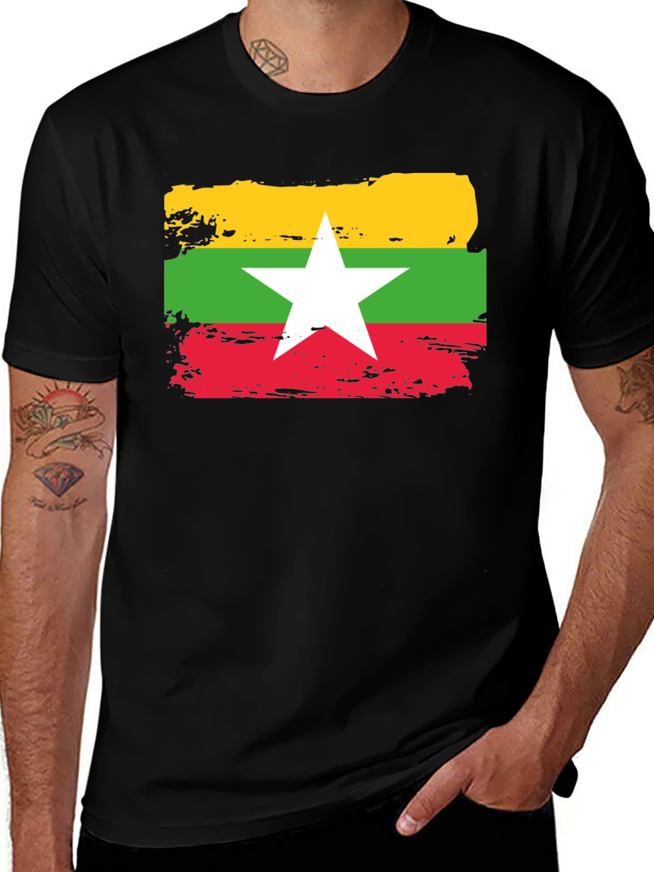 Myanmar Flag T-Shirt - Distressed Style