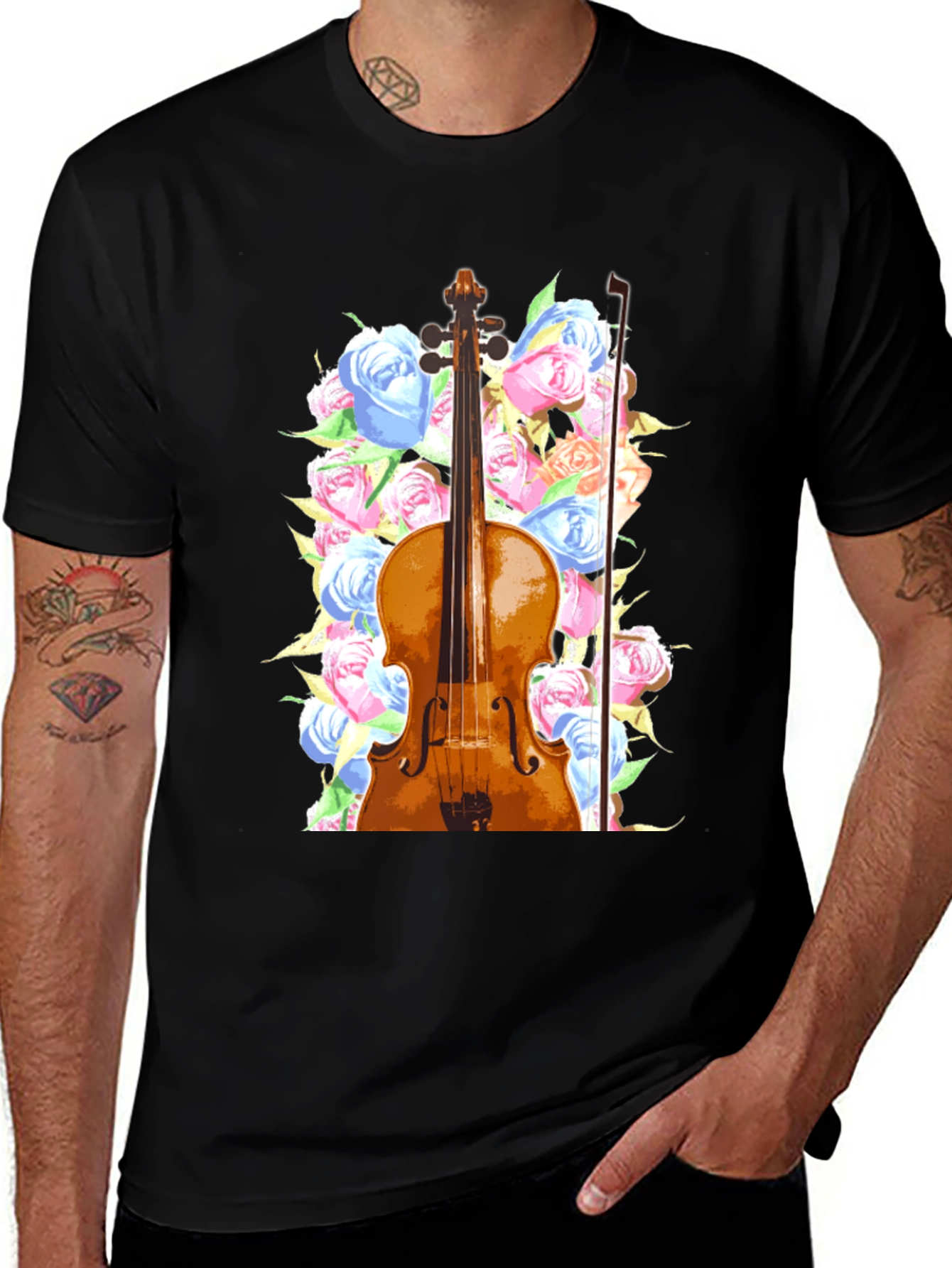 Variant 27 of Floral Violin Graphic Tee - Musician's Style