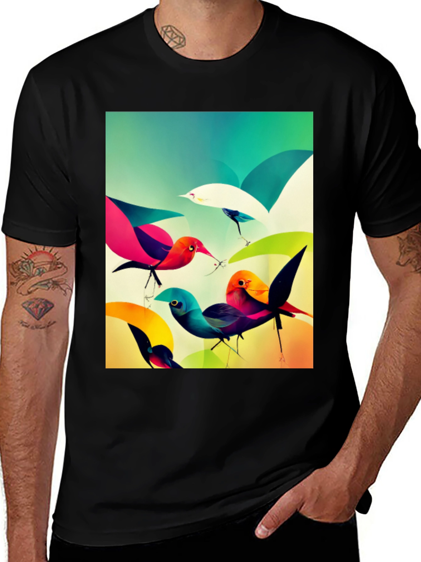 Variant 19 of Vibrant Bird Art Graphic Tee - Black