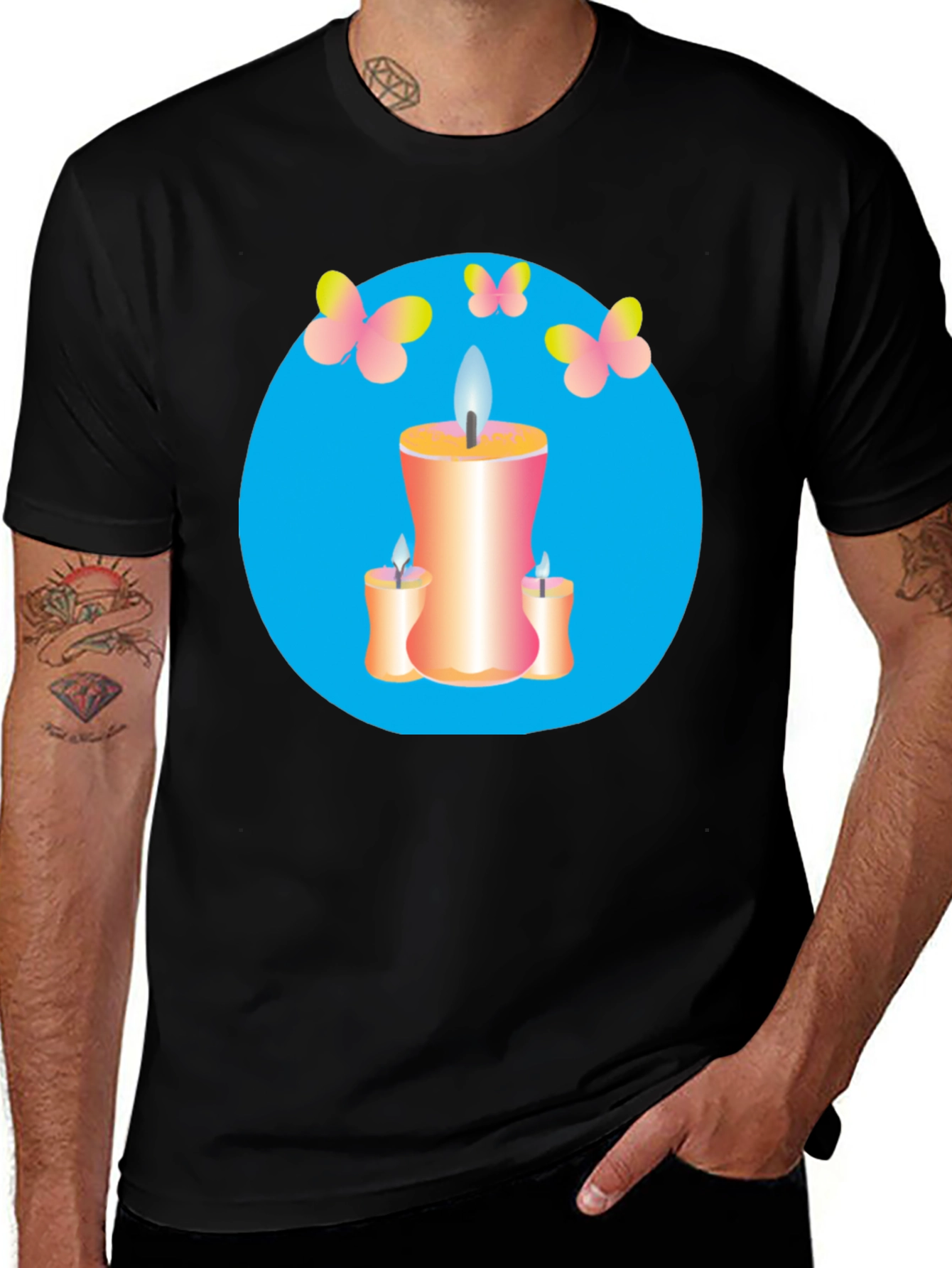 Candle & Butterfly Graphic Black T-Shirt