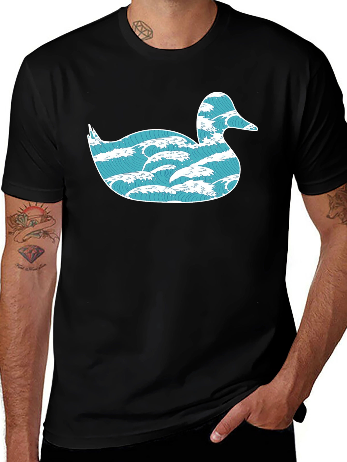 Variant 14 of Wave Duck Graphic Tee - Unique Design, Black Cotton