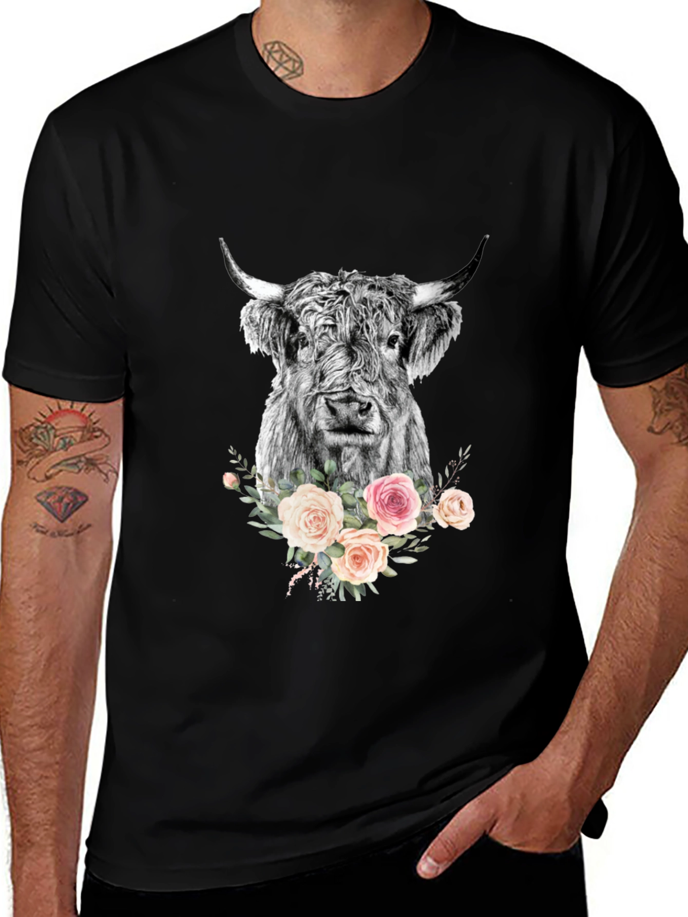 Variant 16 of Floral Highland Cow Graphic Tee - Black