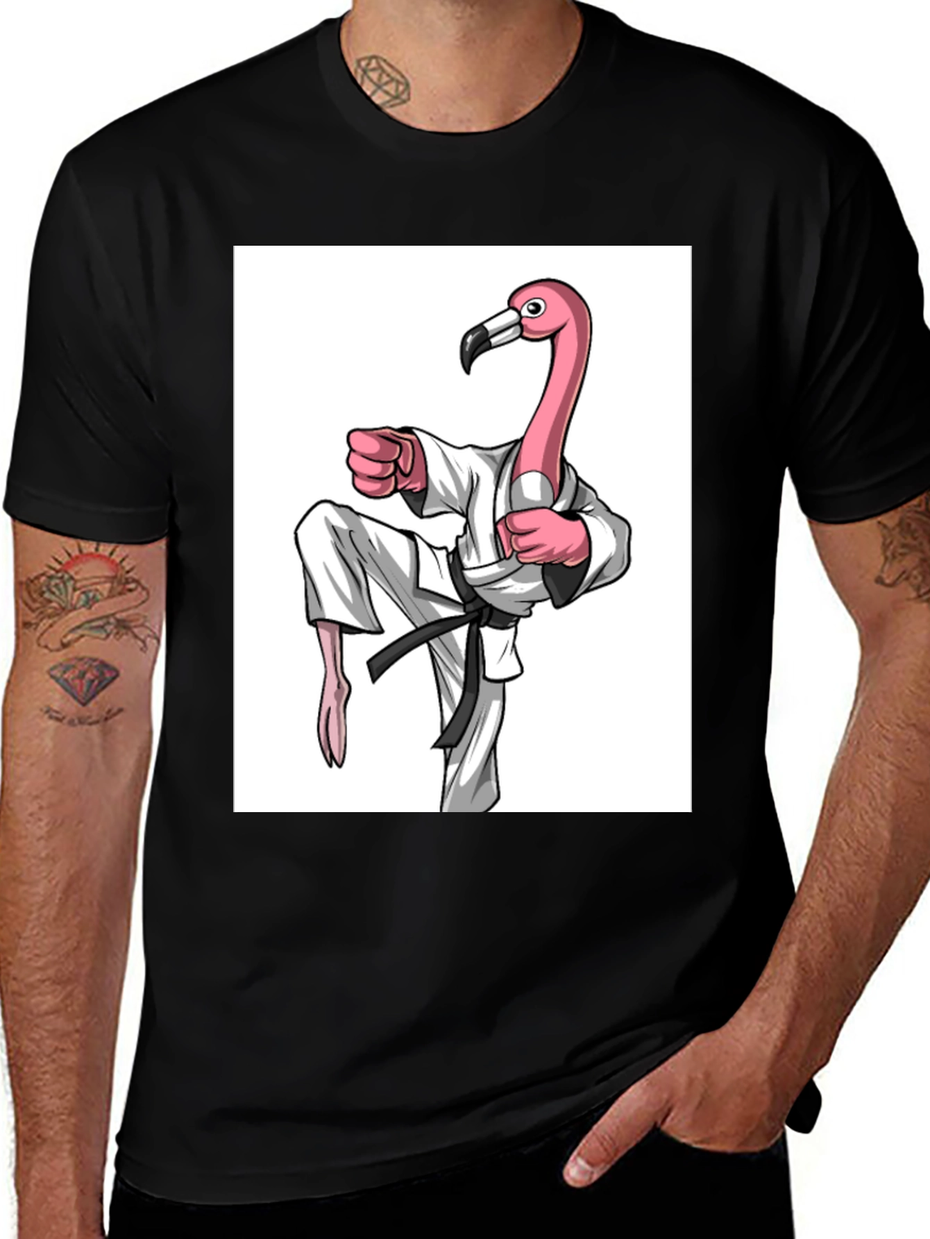 Variant 14 of Karate Flamingo Black T-Shirt - Unique Graphic Tee