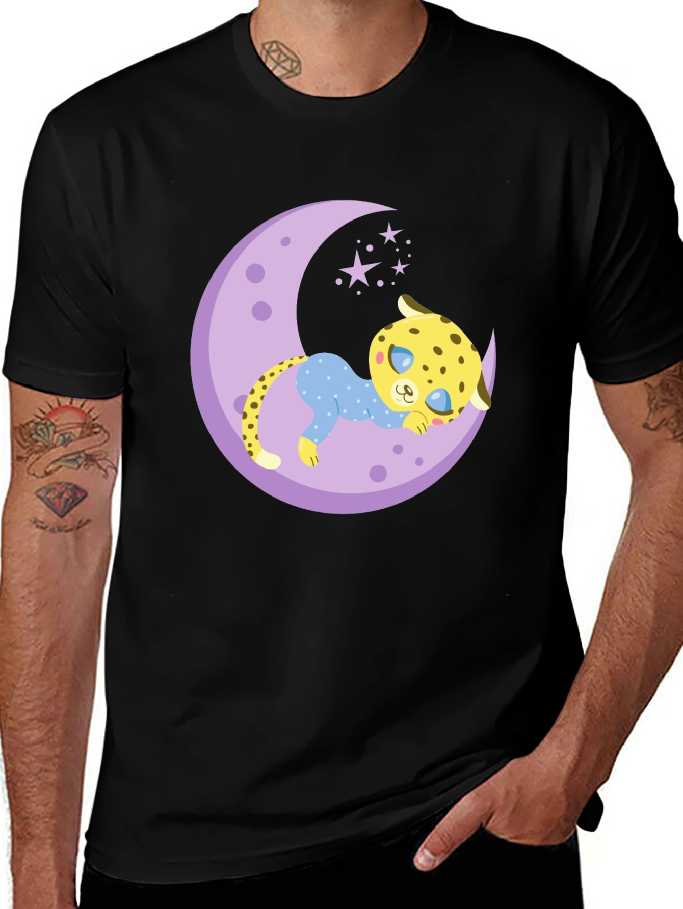 Variant 17 of Cute Cheetah on Moon Graphic Tee - Black