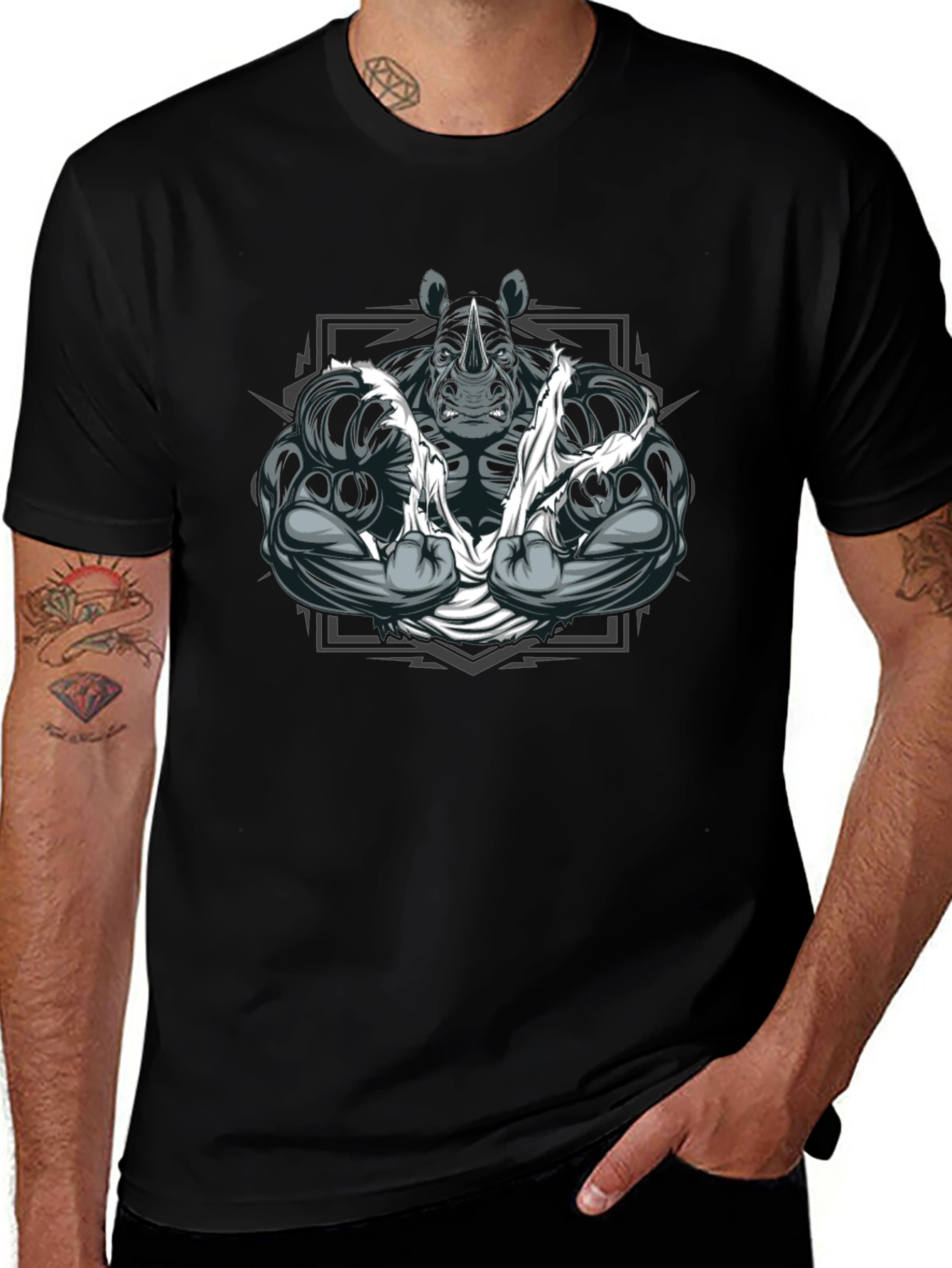 Variant 4 of Rhino Bodybuilder Graphic T-Shirt - Black