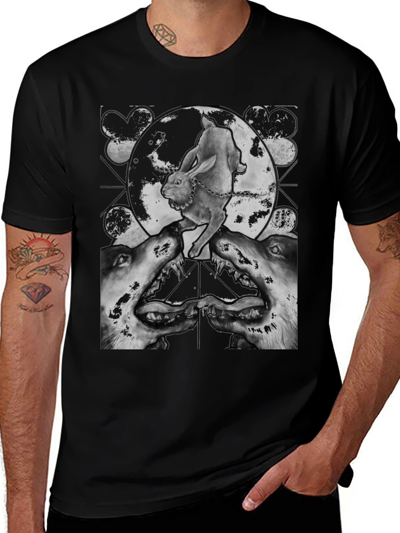 Variant 2 of Rabbit vs Wolves Graphic Tee - Black Cotton Blend Shirt