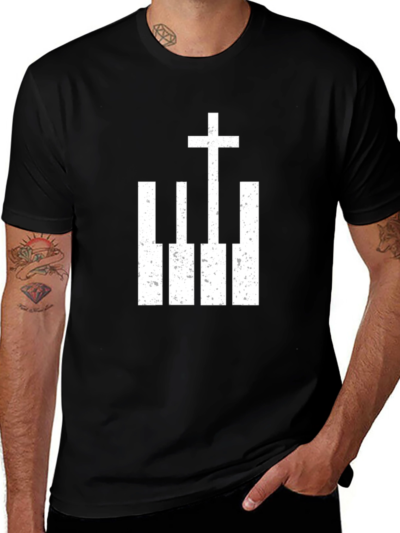 Variant 20 of Piano Cross Graphic Tee - Black Christian T-Shirt