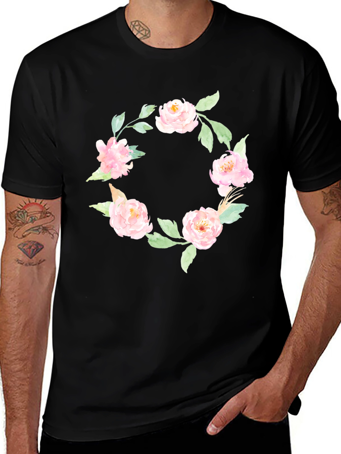 Variant 8 of Floral Wreath Graphic Tee - Elegant Black T-Shirt
