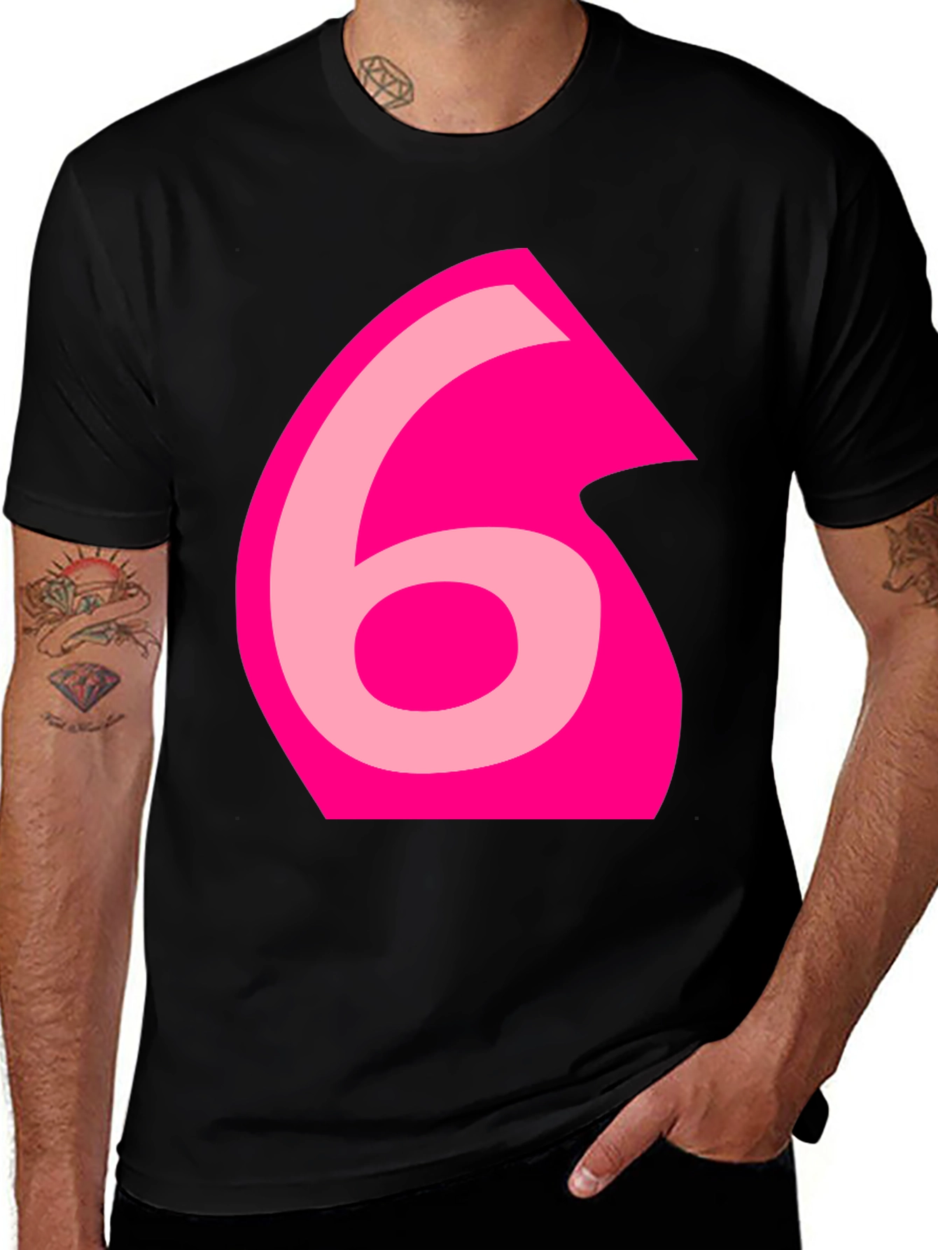 Pink Number 6 Graphic Black Tee