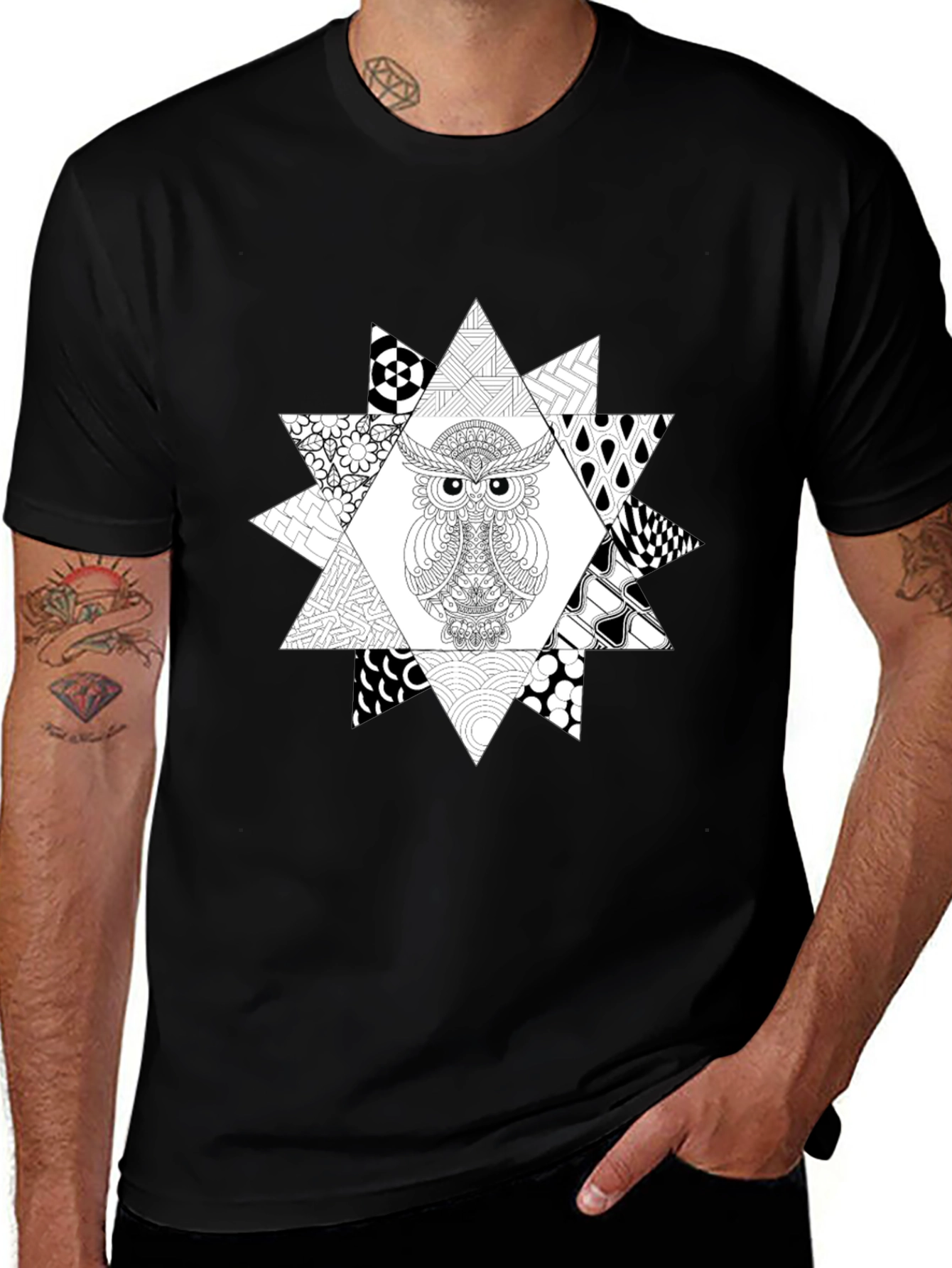 Abstract Owl Graphic Black Tee
