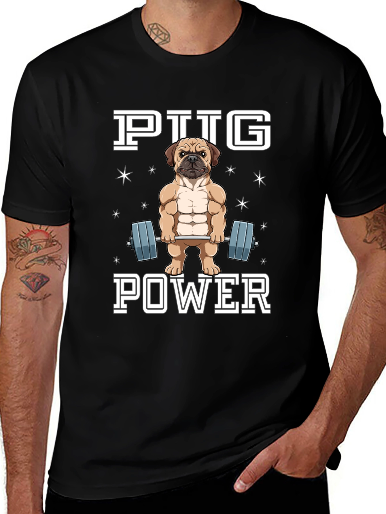 Variant 19 of Pug Power T-Shirt - Weightlifting Dog Tee