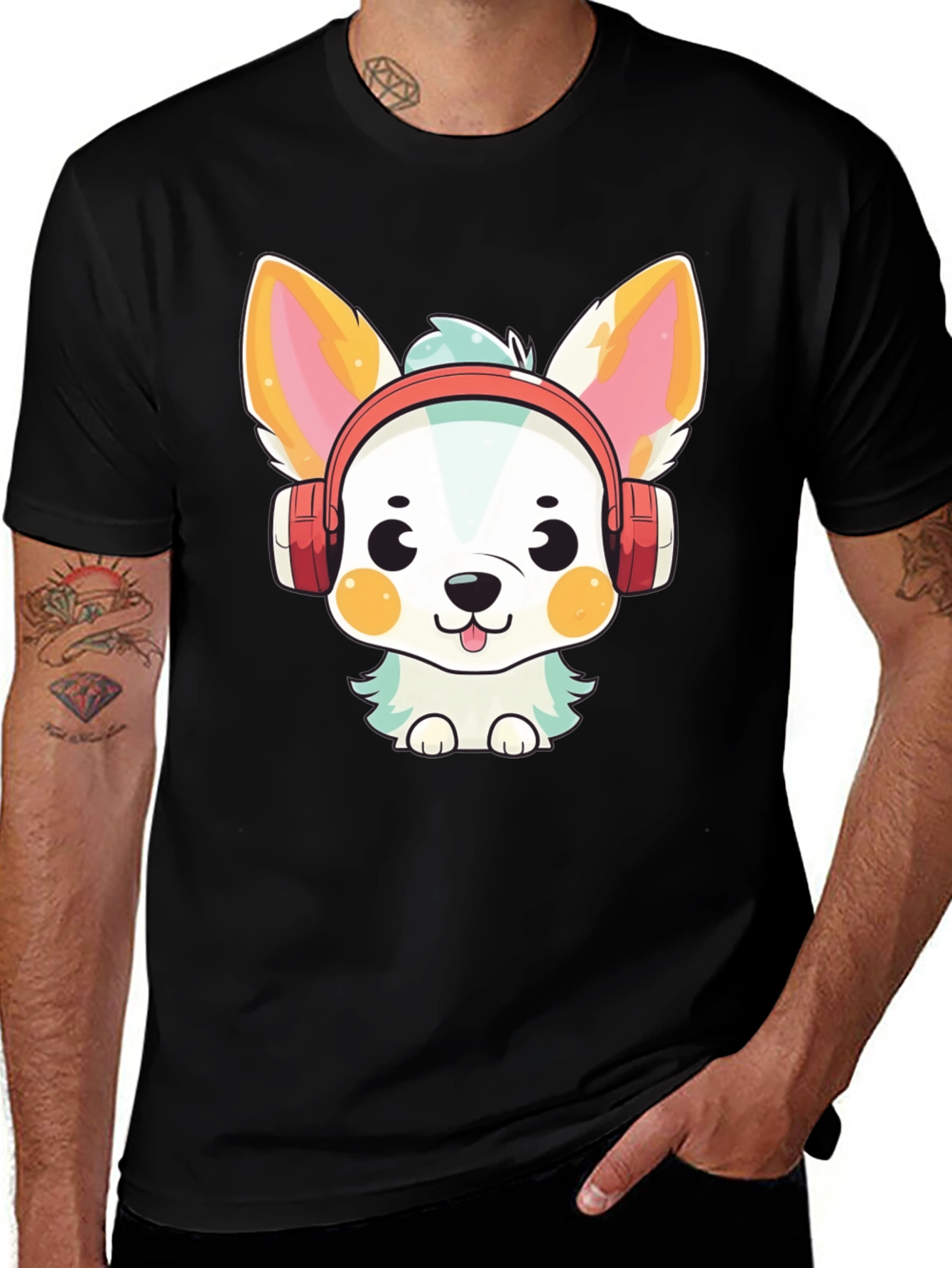 Variant 19 of Cute Dog with Headphones Black T-Shirt