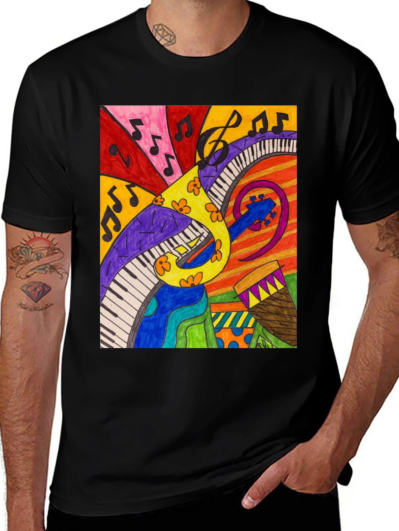 Variant 12 of Musical Notes Graphic Tee - Black Cotton Comfort