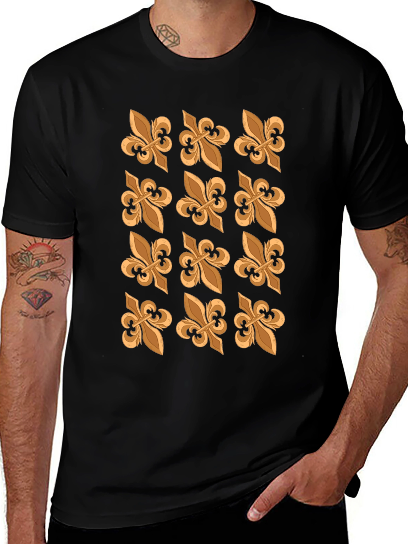 Variant 30 of Fleur-de-Lis Patterned Black T-Shirt