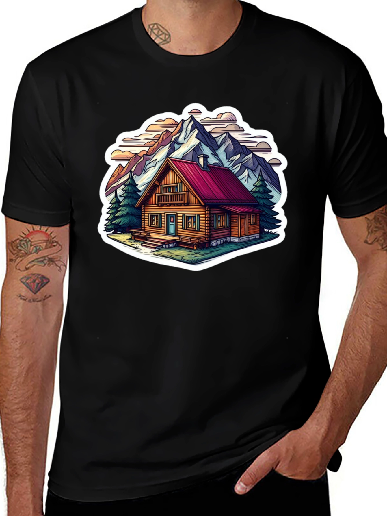 Black Cabin in the Mountains Graphic T-Shirt main image