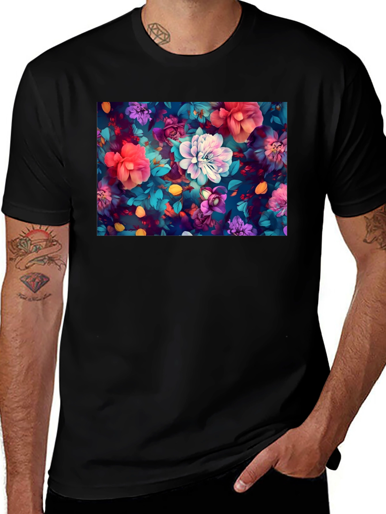 Variant 18 of Floral Print Black T-Shirt