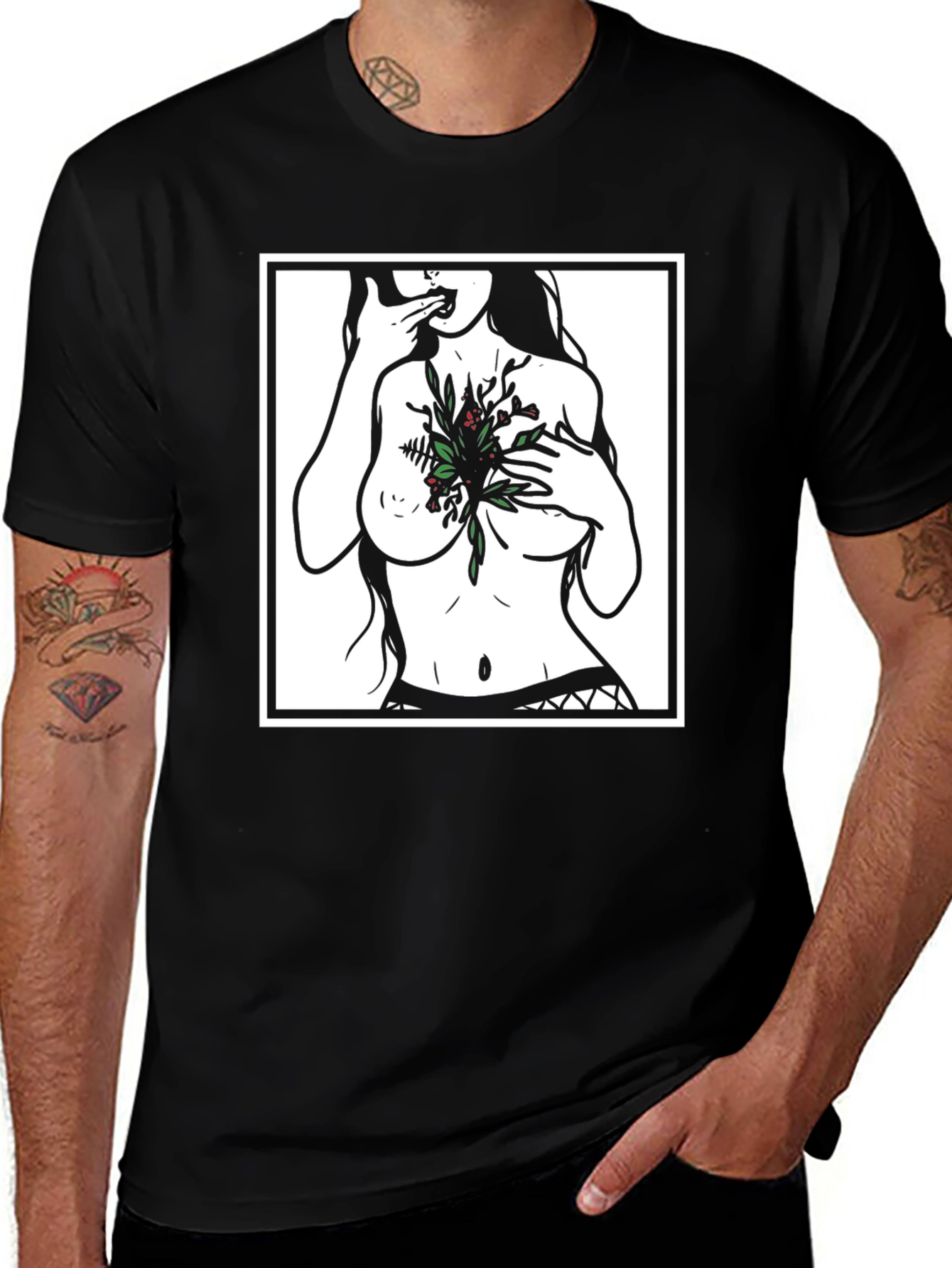 Variant 10 of Edgy Botanical Graphic Tee - Black Unisex Shirt