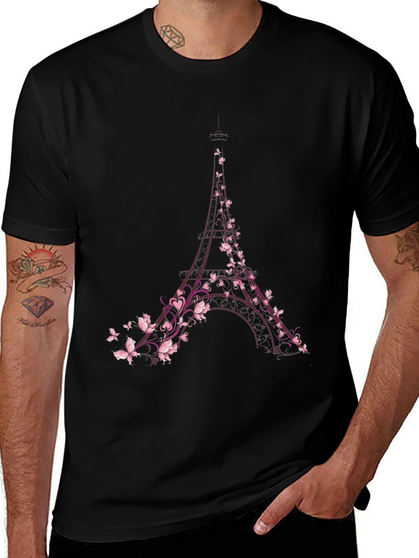 Variant 7 of Eiffel Tower Floral Graphic Print Black T-Shirt