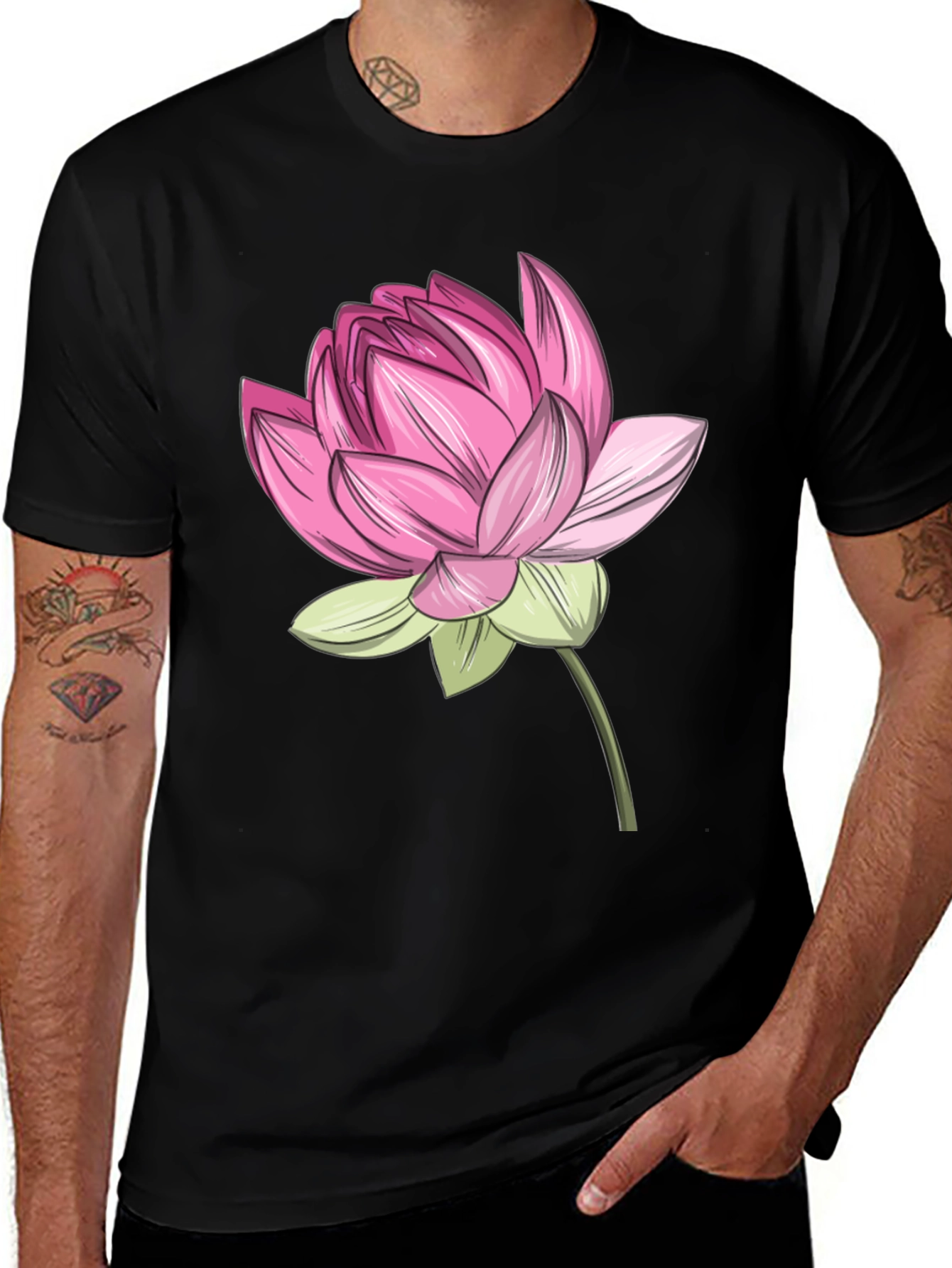 Variant 14 of Lotus Flower Graphic Tee - Black Cotton Blend