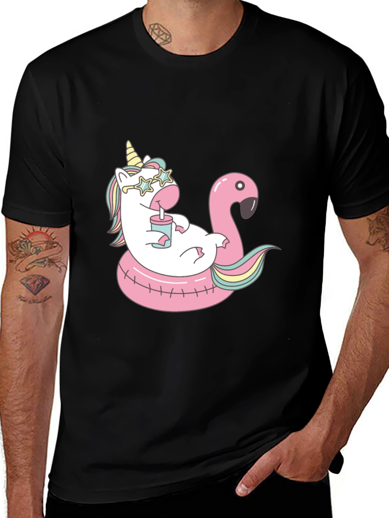 Variant 28 of Unicorn Flamingo Pool Party Black T-Shirt
