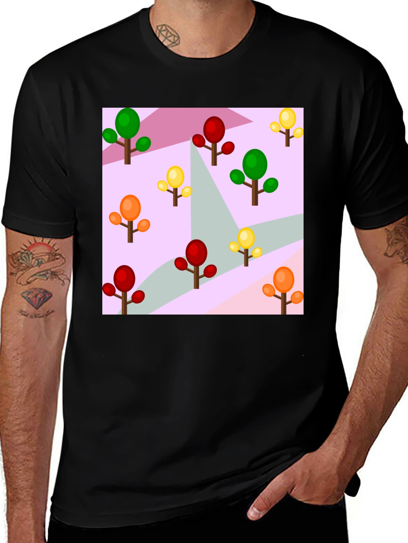 Variant 29 of Colorful Trees Patterned Black T-Shirt