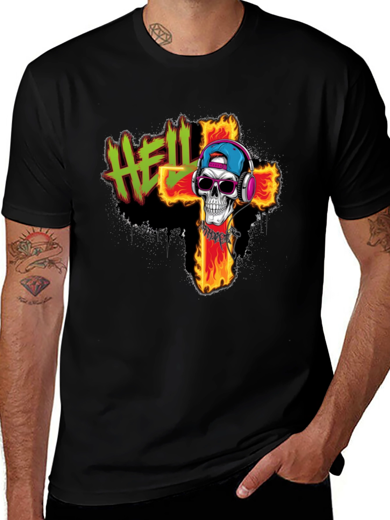 Variant 4 of Hell Skull T-Shirt - Flaming Cross Design