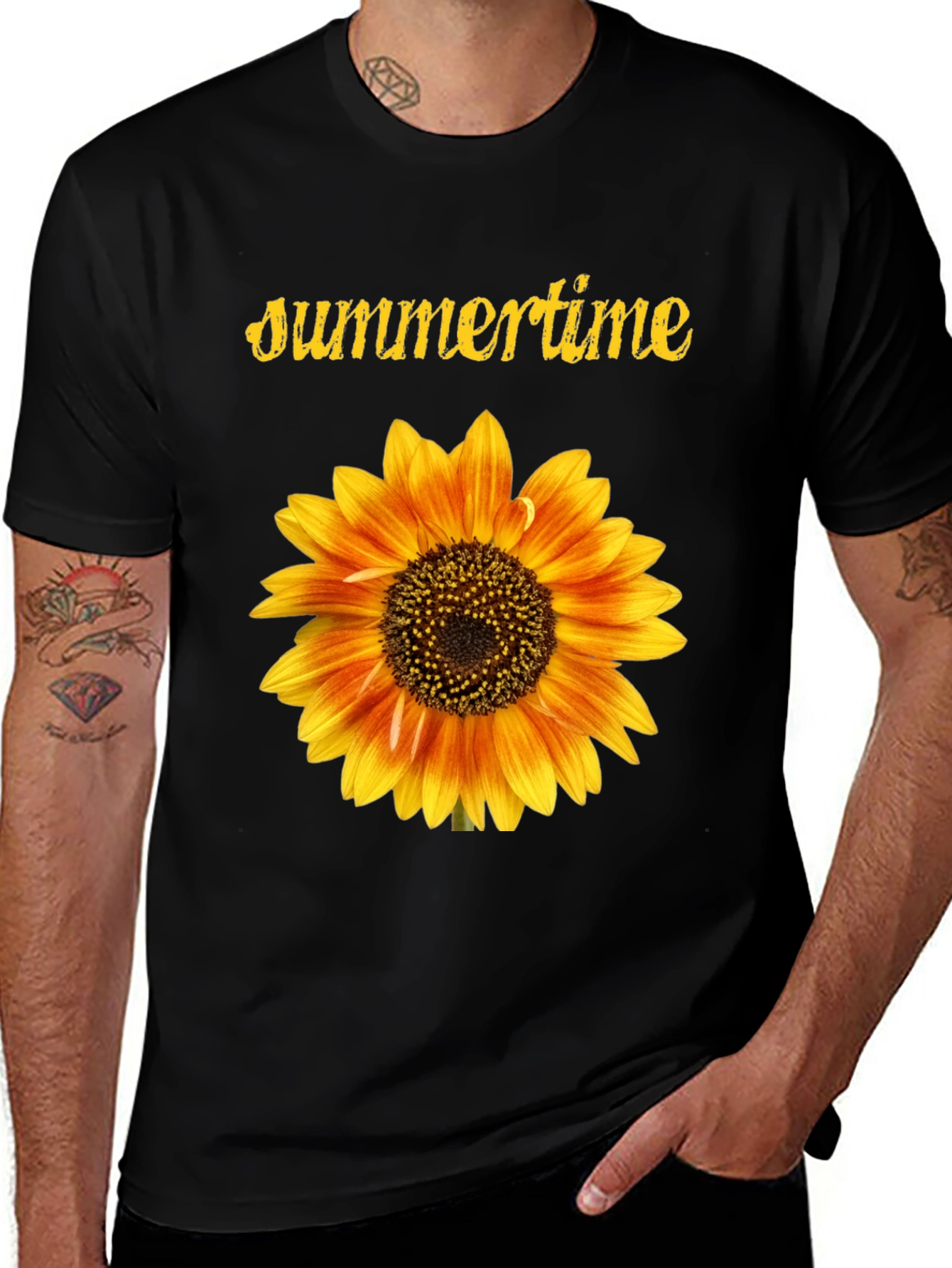 Variant 28 of Summertime Sunflower Graphic Black T-Shirt
