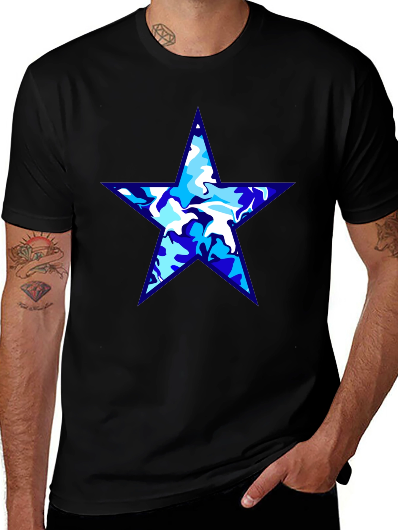 Variant 12 of Blue Camo Star Graphic Black T-Shirt