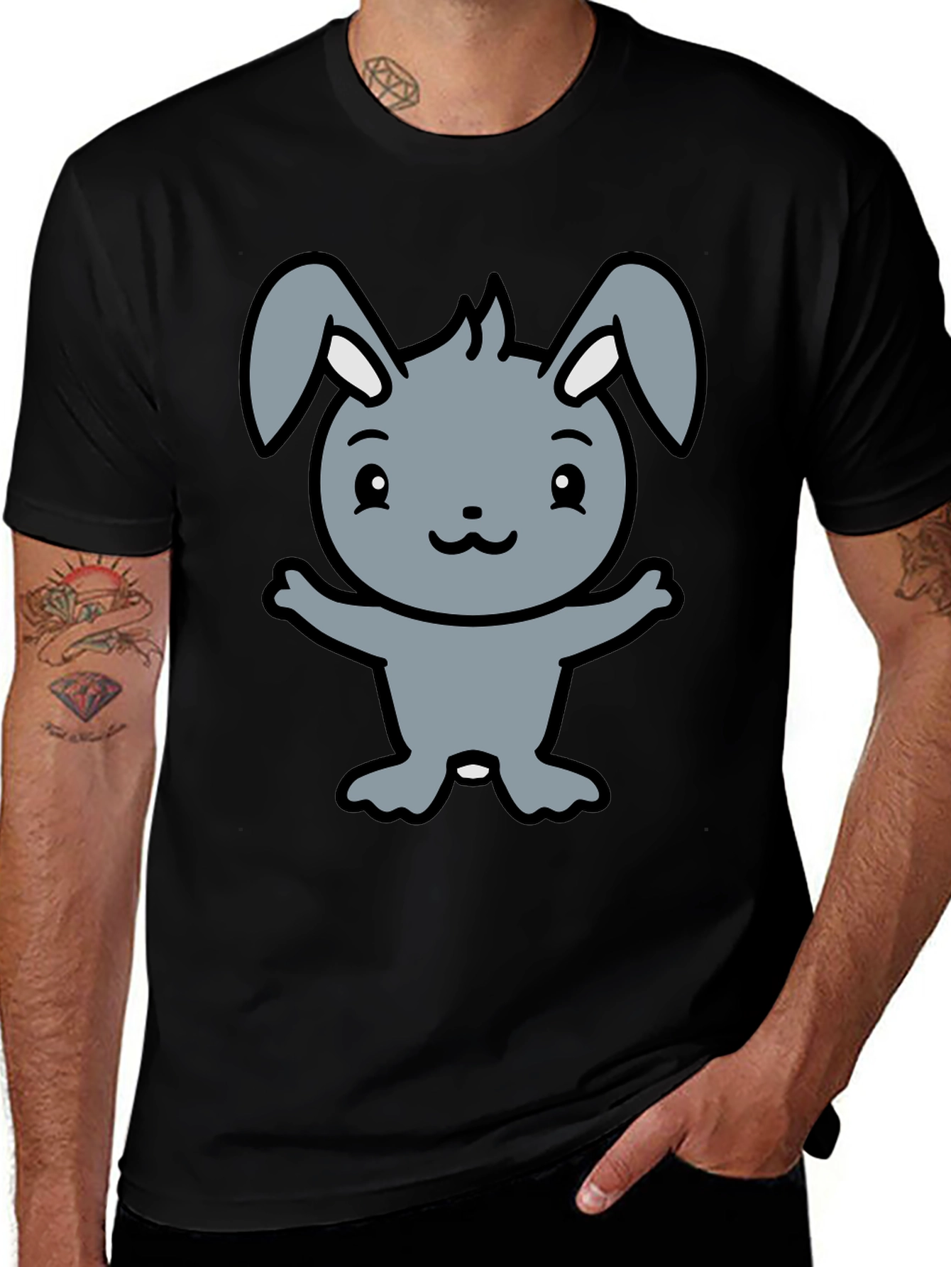 Variant 10 of Cute Cartoon Bunny Graphic Black T-Shirt