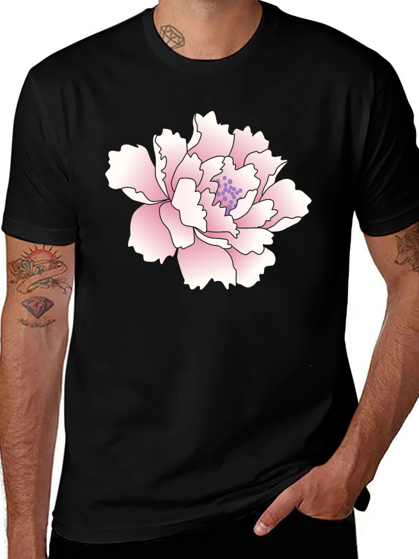 Variant 20 of Black T-Shirt with Pink Peony Flower Graphic