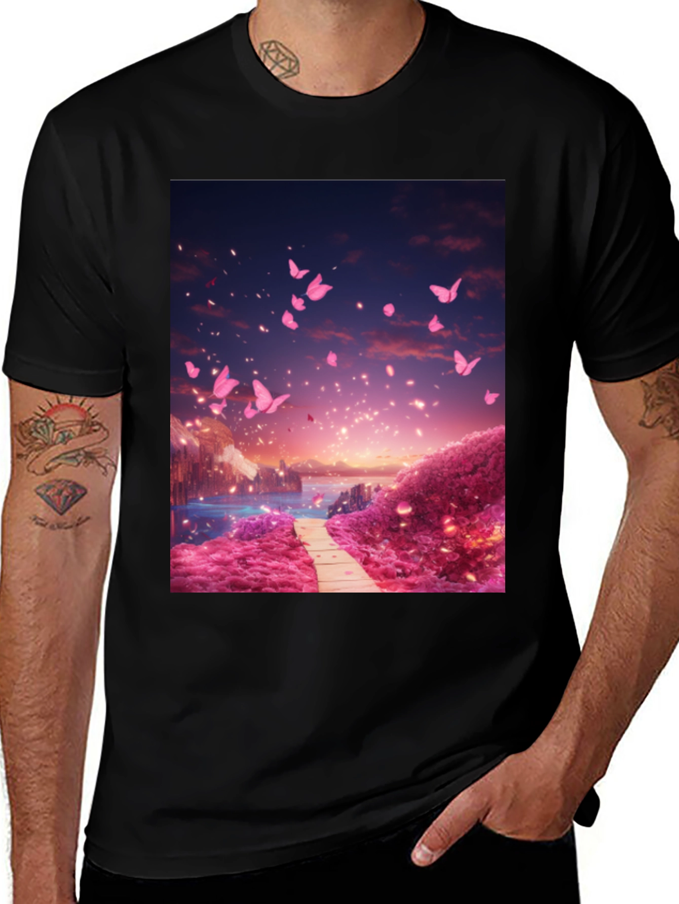 Pink Butterfly Scenery Graphic Tee