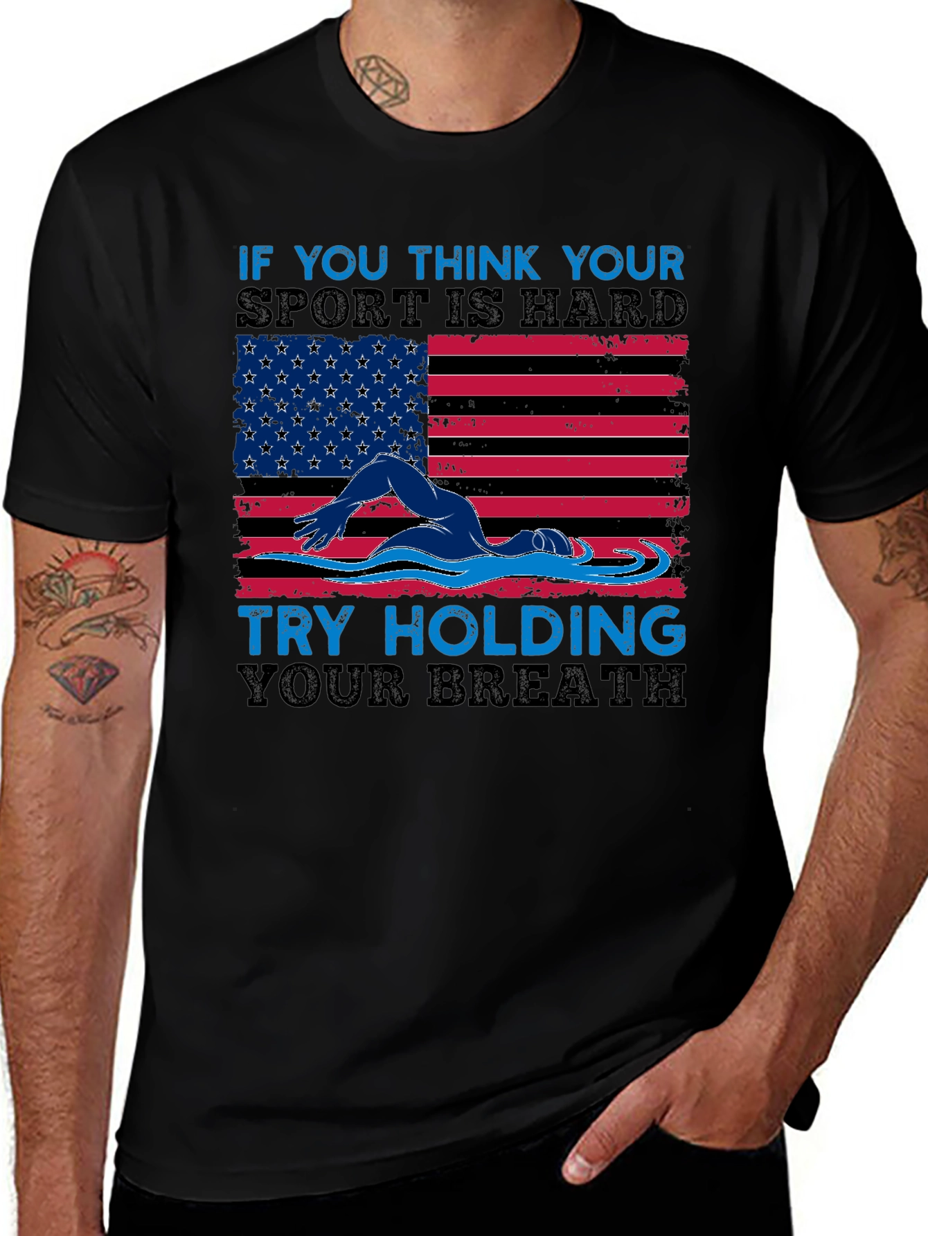 Variant 29 of USA Flag Swimming T-Shirt - Hold Your Breath!