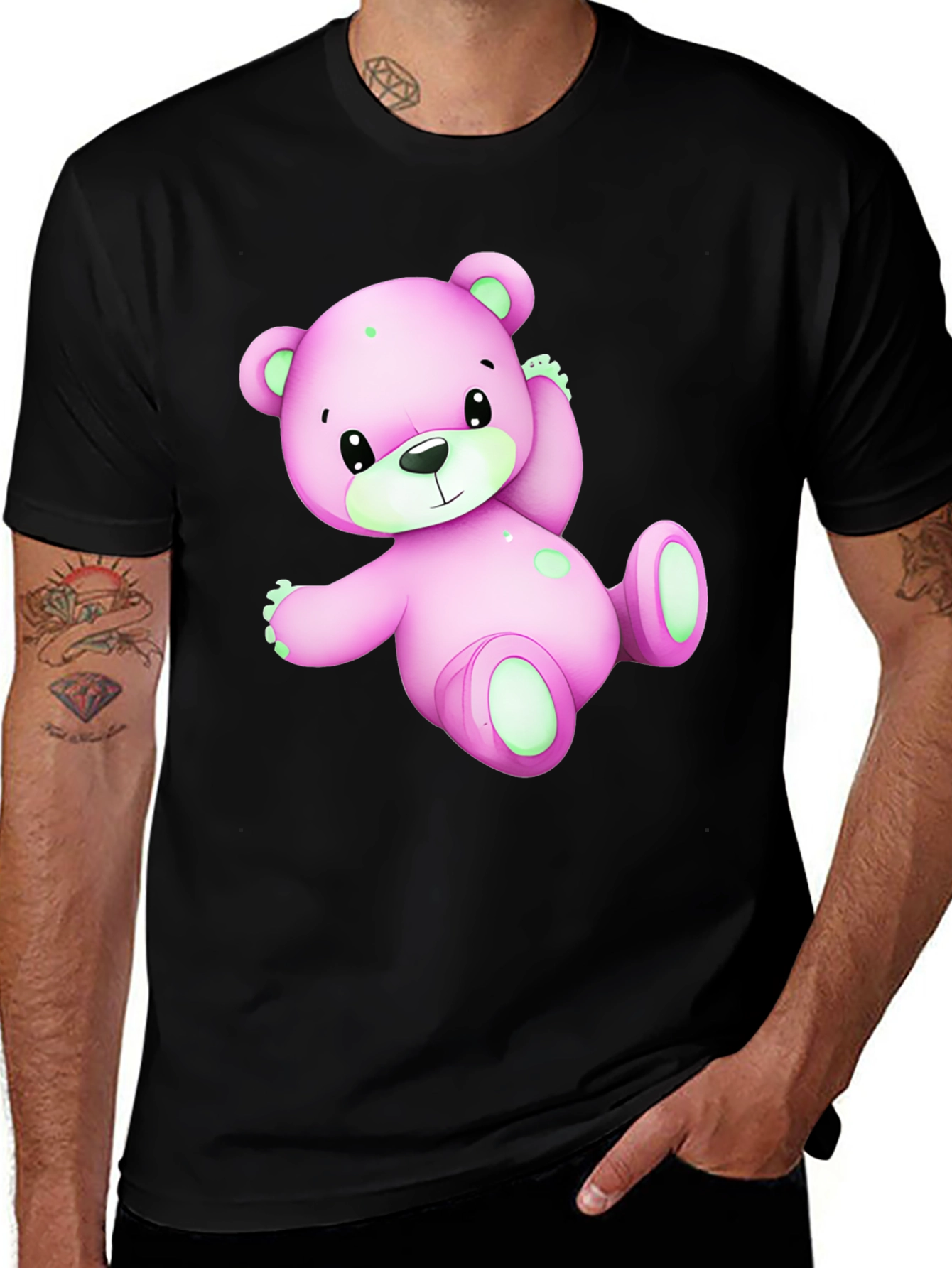 Variant 27 of Cute Pink Teddy Bear Graphic Black T-Shirt