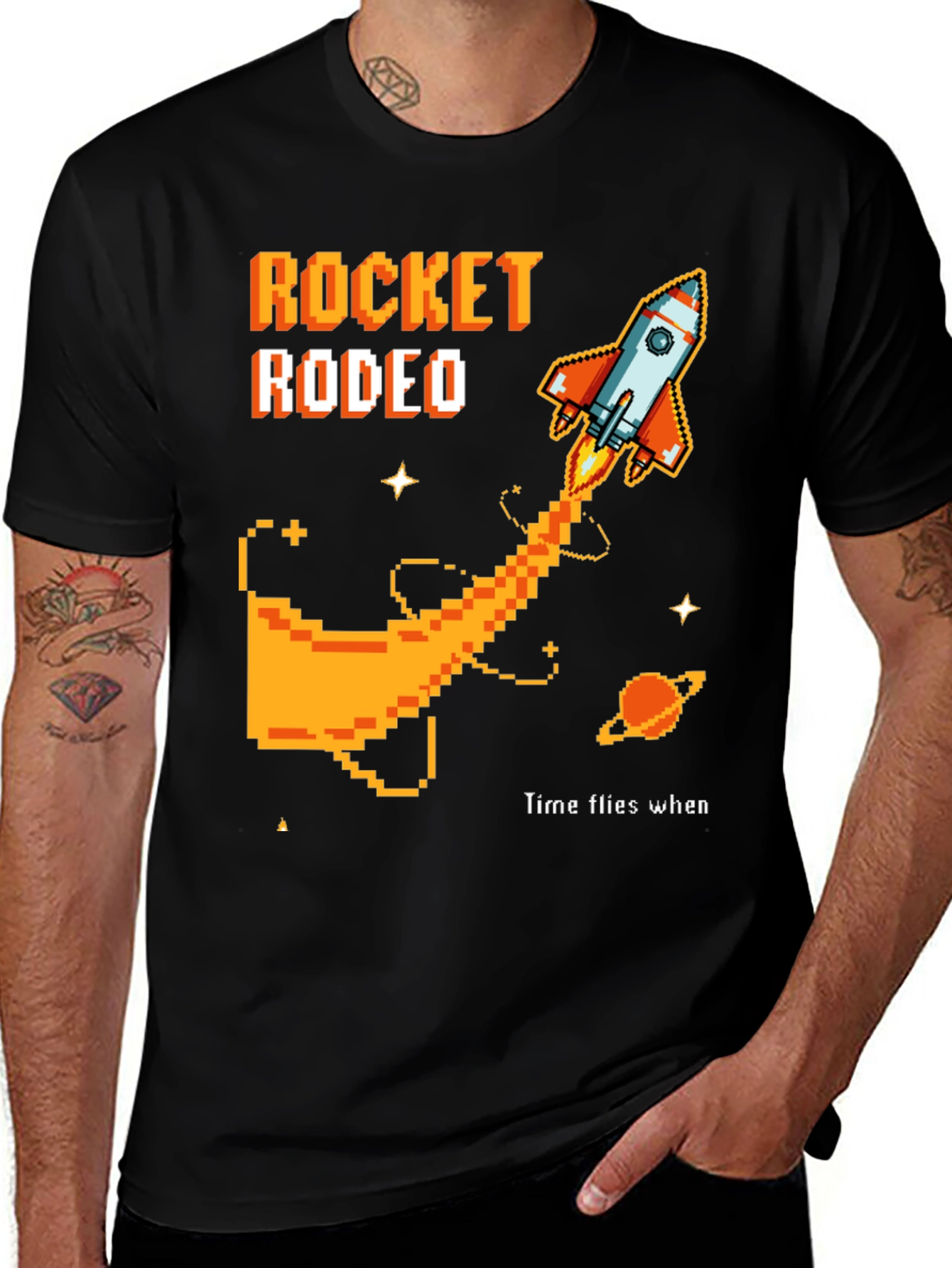 Variant 5 of Rocket Rodeo Pixel Graphic Tee - Sci-Fi Style
