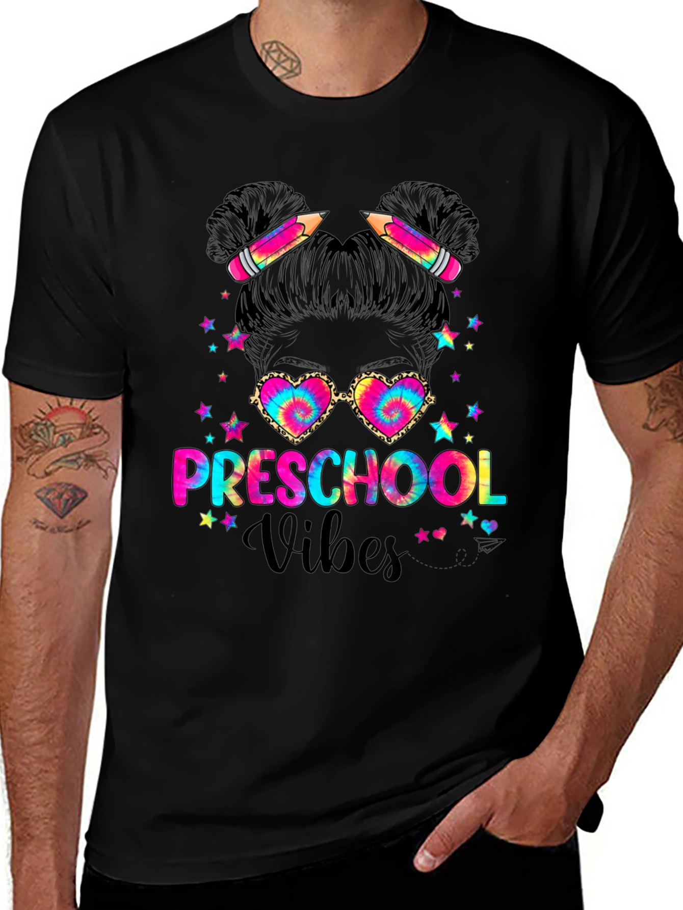 Variant 13 of Preschool Vibes Messy Bun T-Shirt Teacher Gift