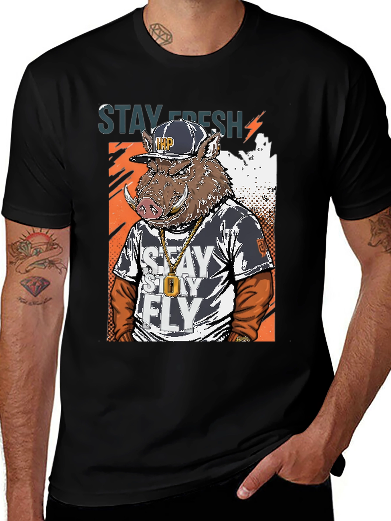 Variant 25 of Stay Fresh Boar Graphic Tee - Men's Black T-Shirt